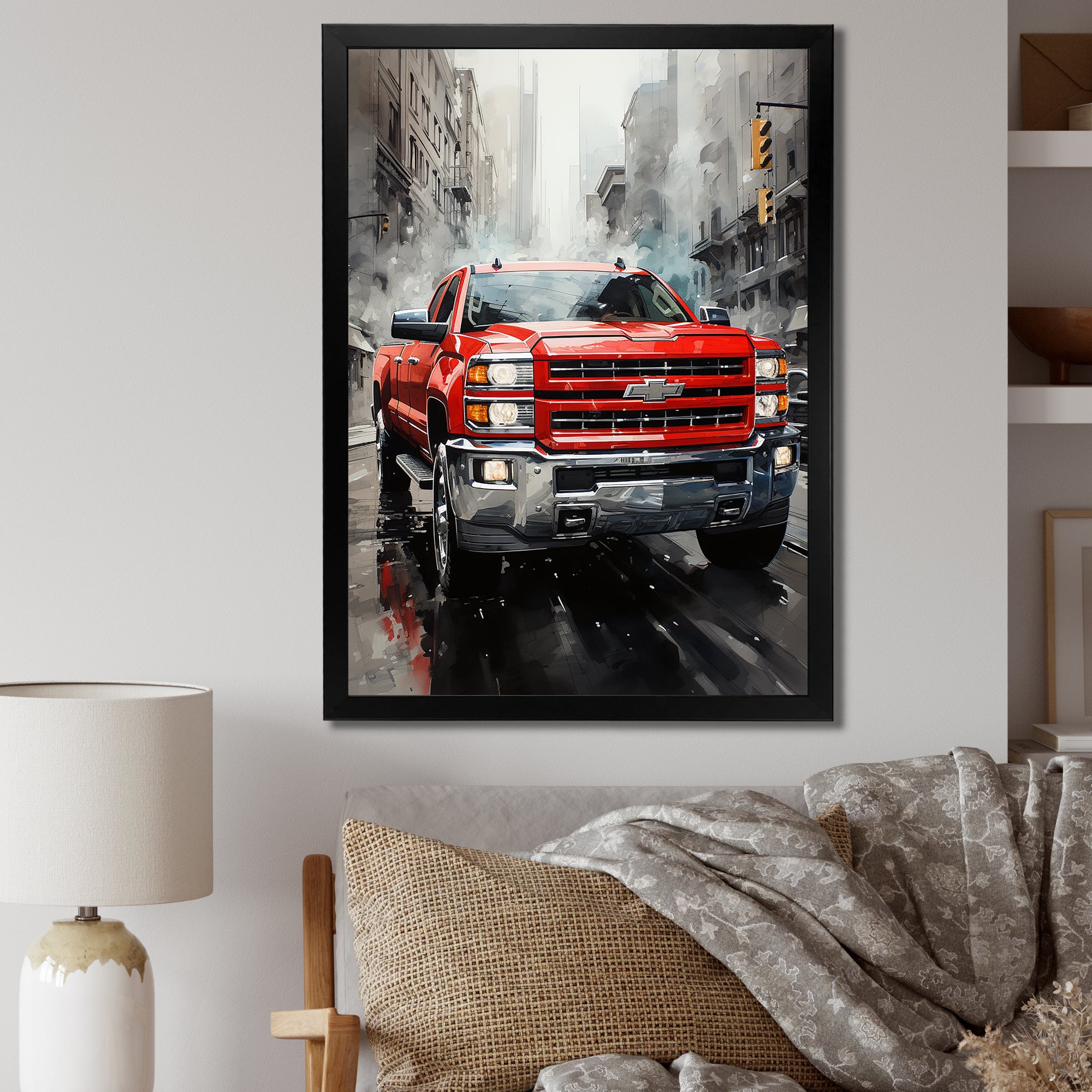 Red Pickup Truck Cityscape Hauler I - Pickup Truck Canvas Wall Art