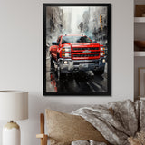 Red Pickup Truck Cityscape Hauler I - Pickup Truck Canvas Wall Art