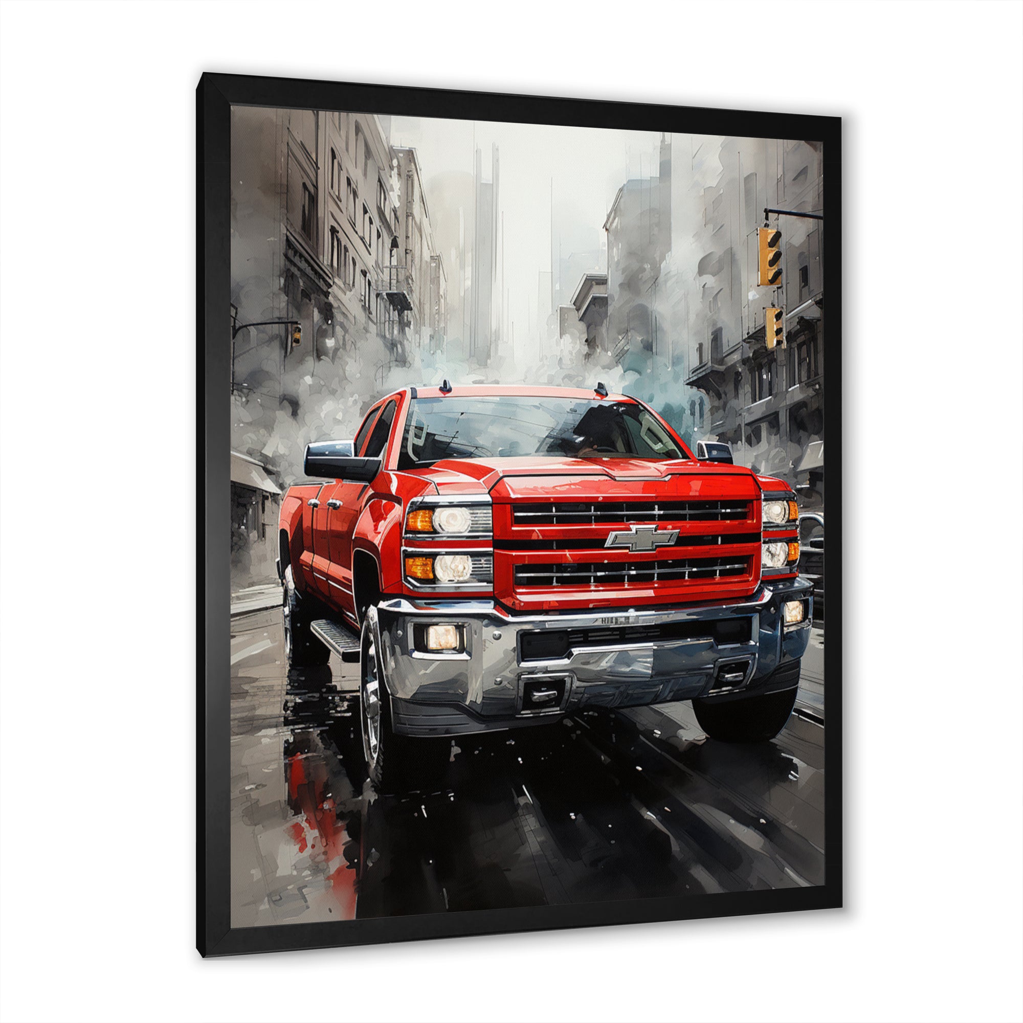 Red Pickup Truck Cityscape Hauler I - Pickup Truck Canvas Wall Art