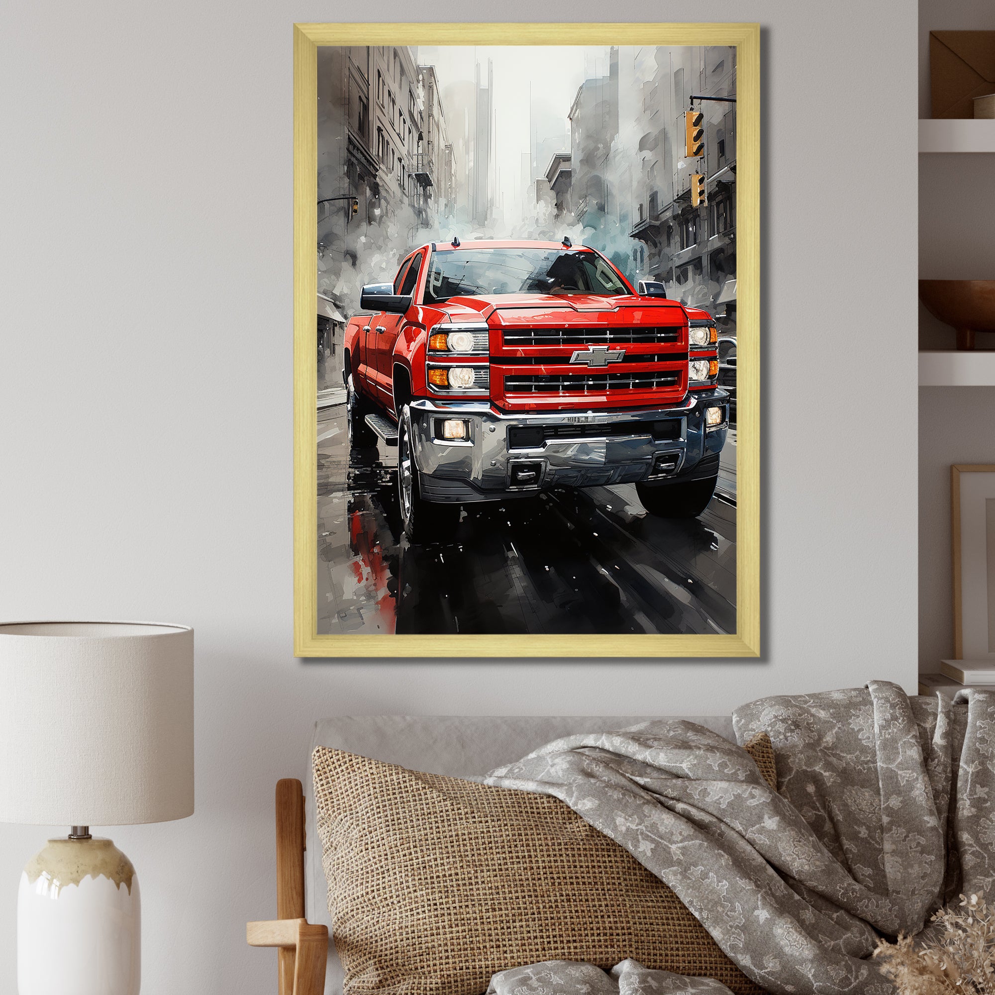 Red Pickup Truck Cityscape Hauler I - Pickup Truck Canvas Wall Art