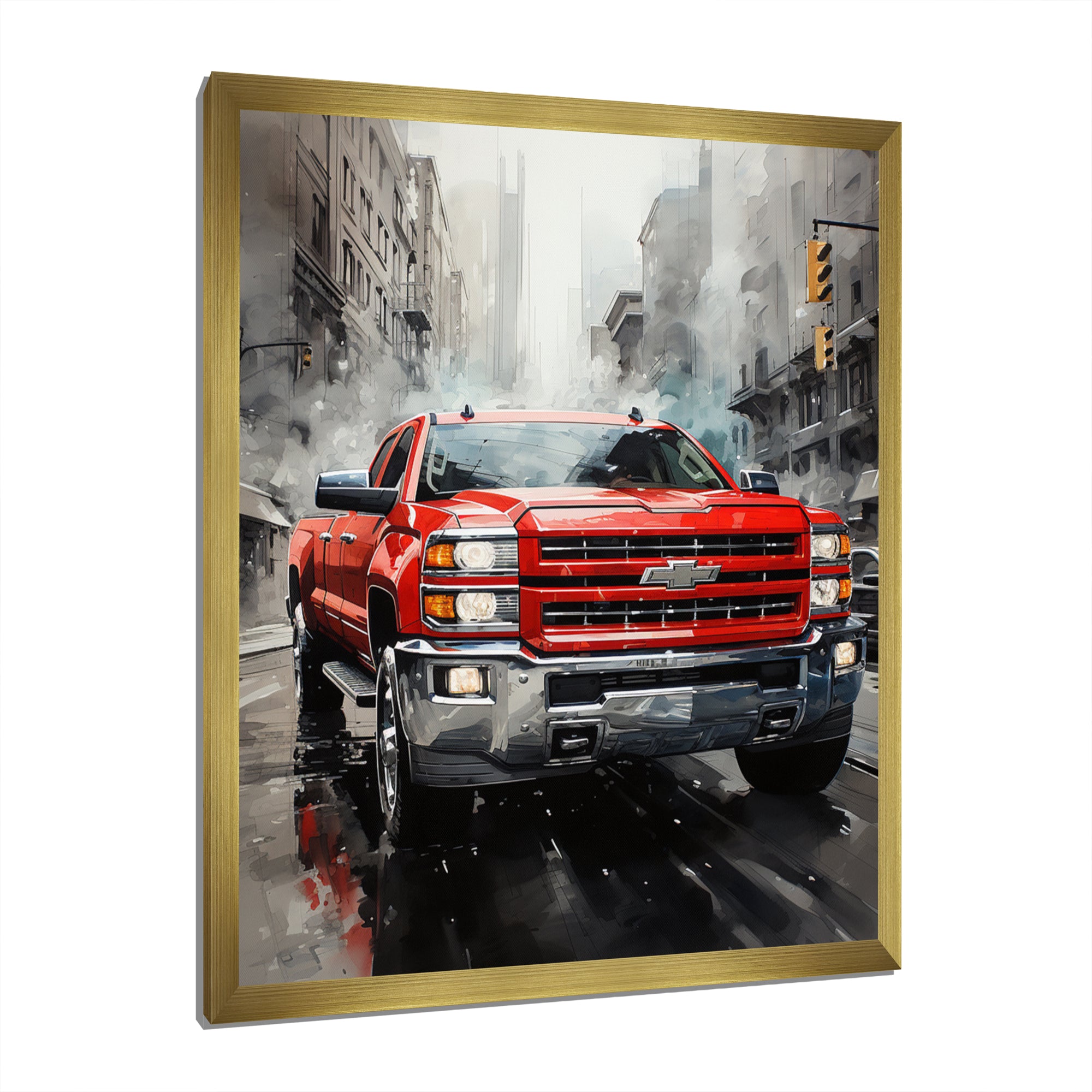 Red Pickup Truck Cityscape Hauler I - Pickup Truck Canvas Wall Art