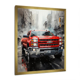 Red Pickup Truck Cityscape Hauler I - Pickup Truck Canvas Wall Art