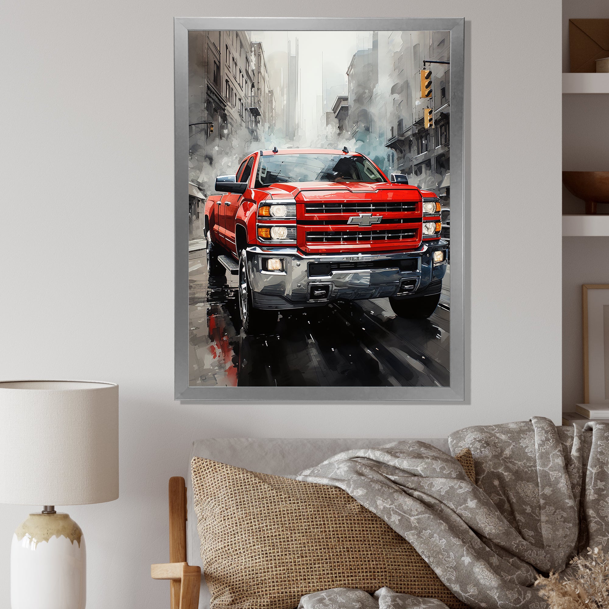 Red Pickup Truck Cityscape Hauler I - Pickup Truck Canvas Wall Art