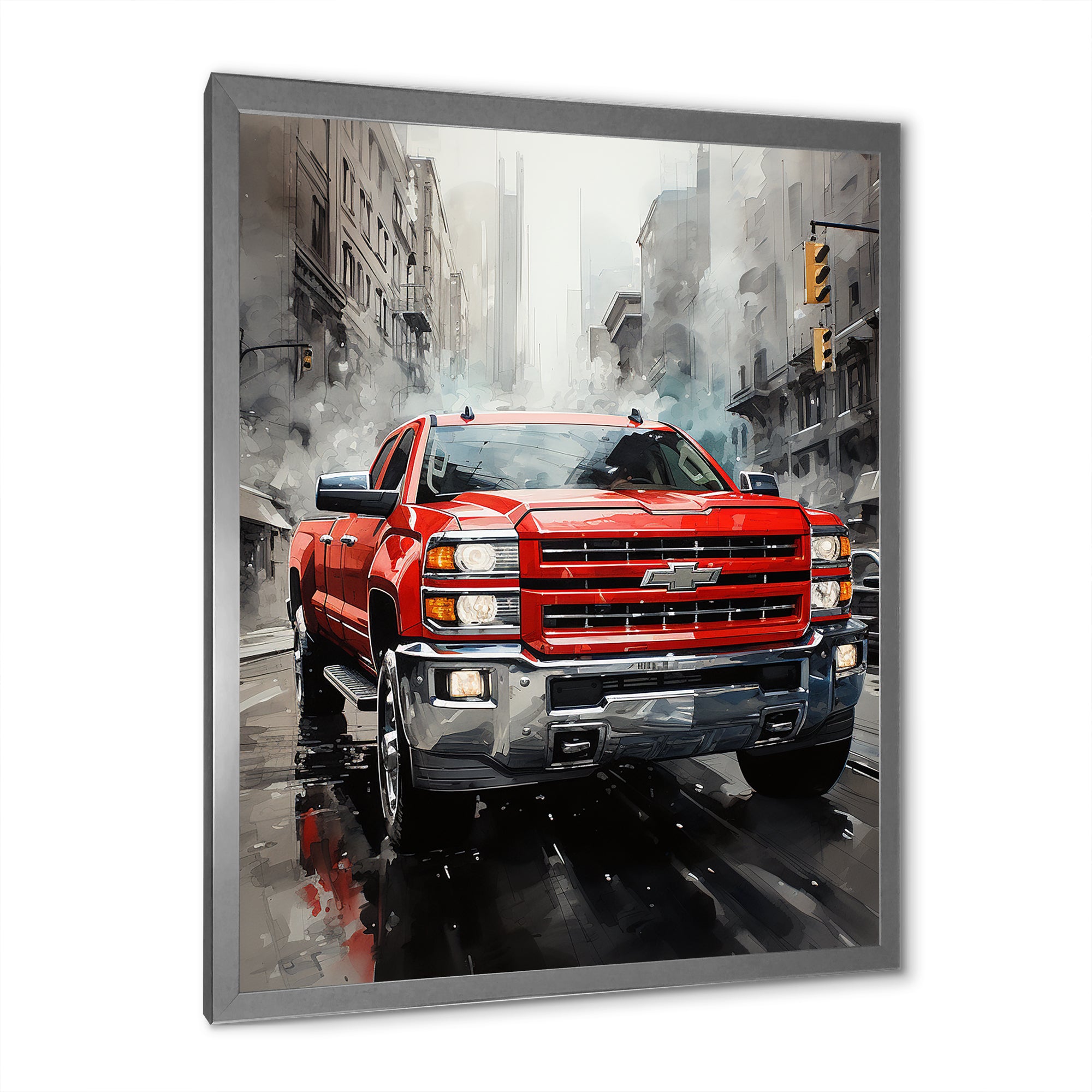 Red Pickup Truck Cityscape Hauler I - Pickup Truck Canvas Wall Art