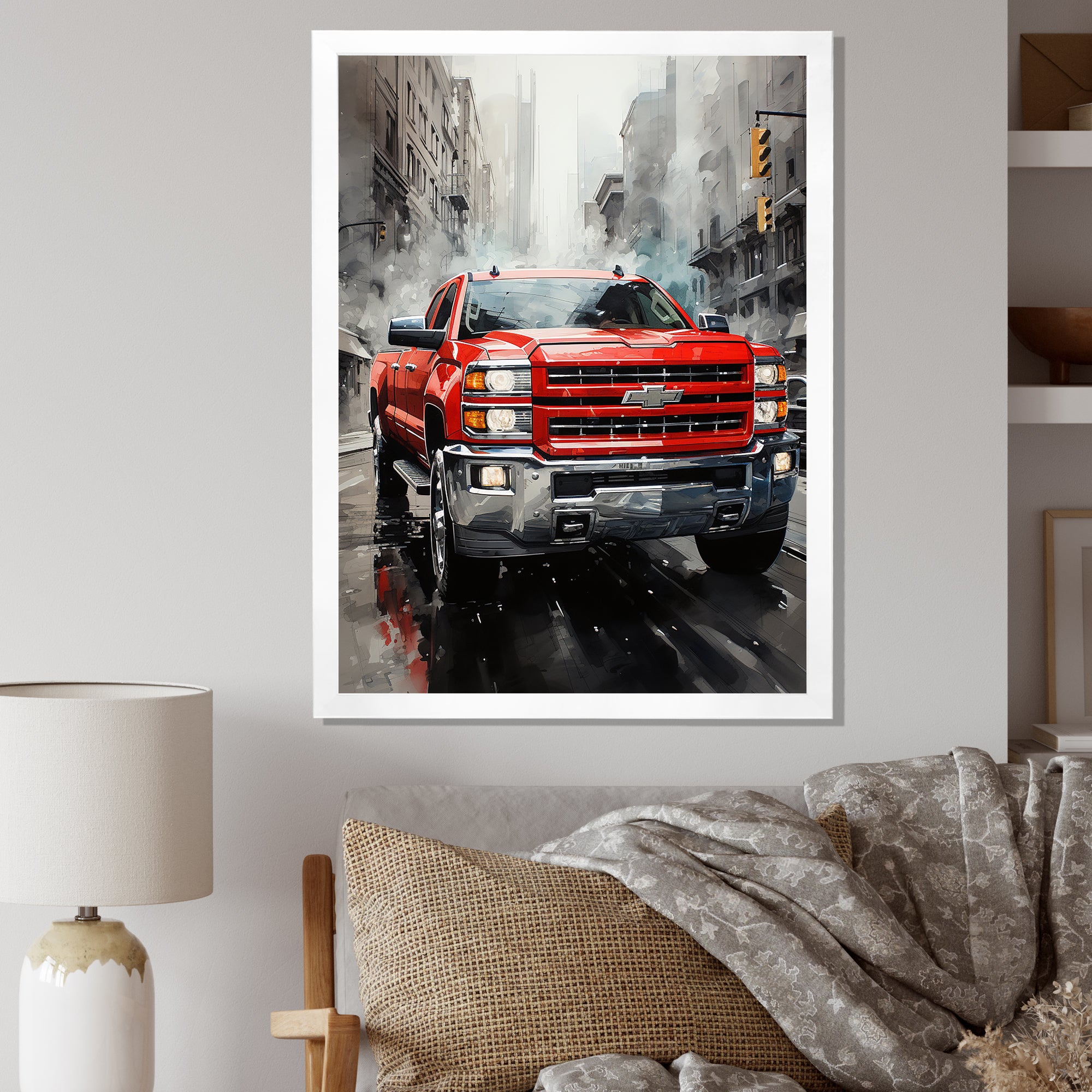 Red Pickup Truck Cityscape Hauler I - Pickup Truck Canvas Wall Art