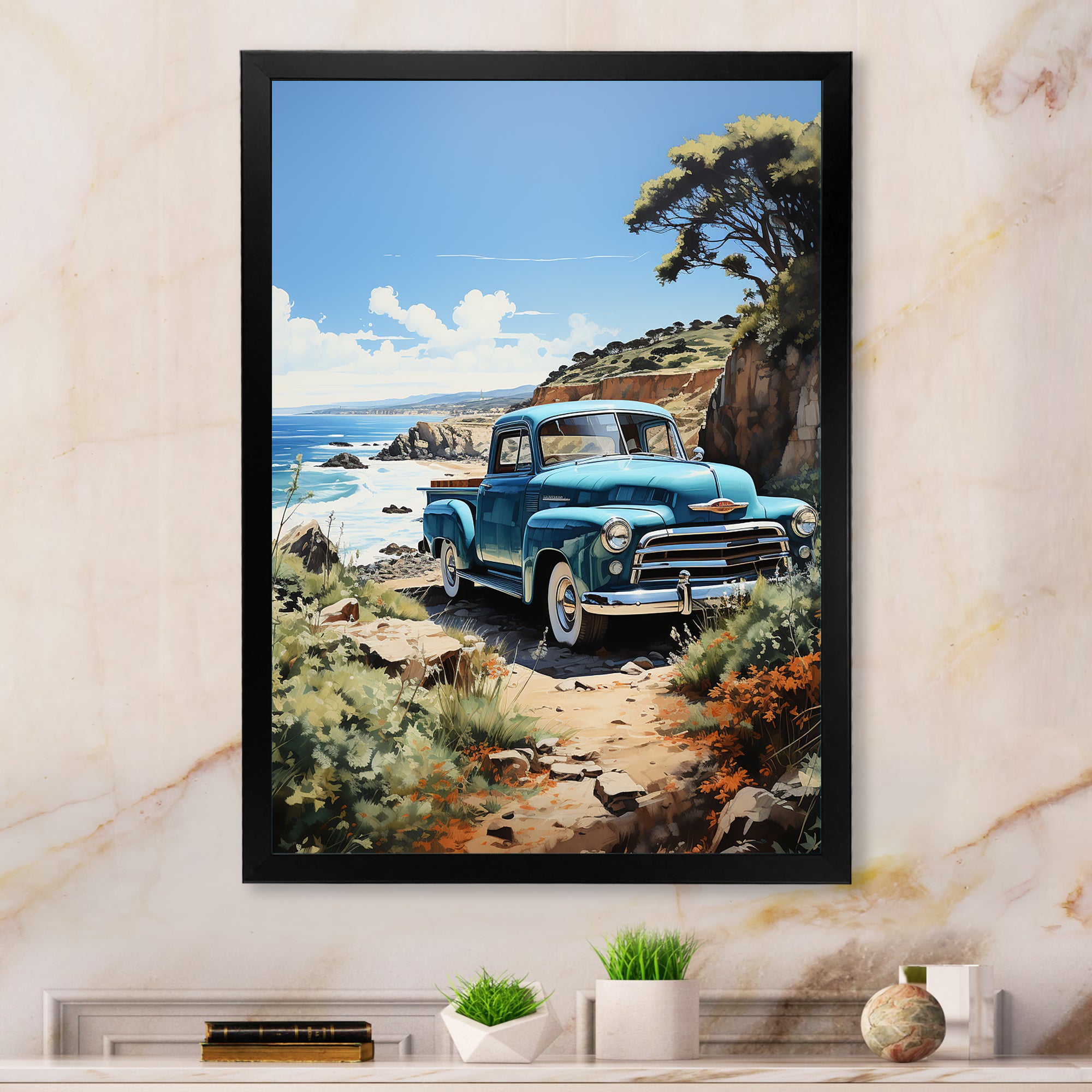 Blue Pickup Truck Coastal Retreat I - Pickup Truck Canvas Wall Art