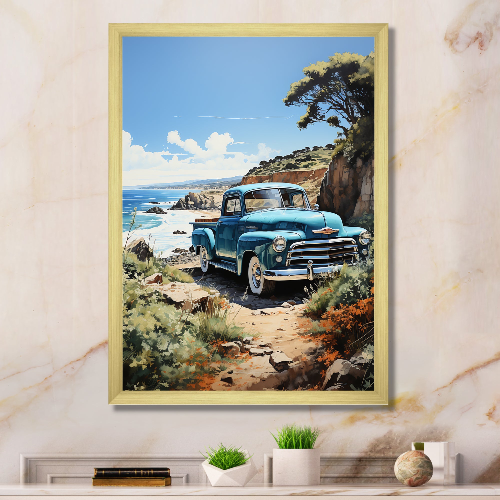 Blue Pickup Truck Coastal Retreat I - Pickup Truck Canvas Wall Art
