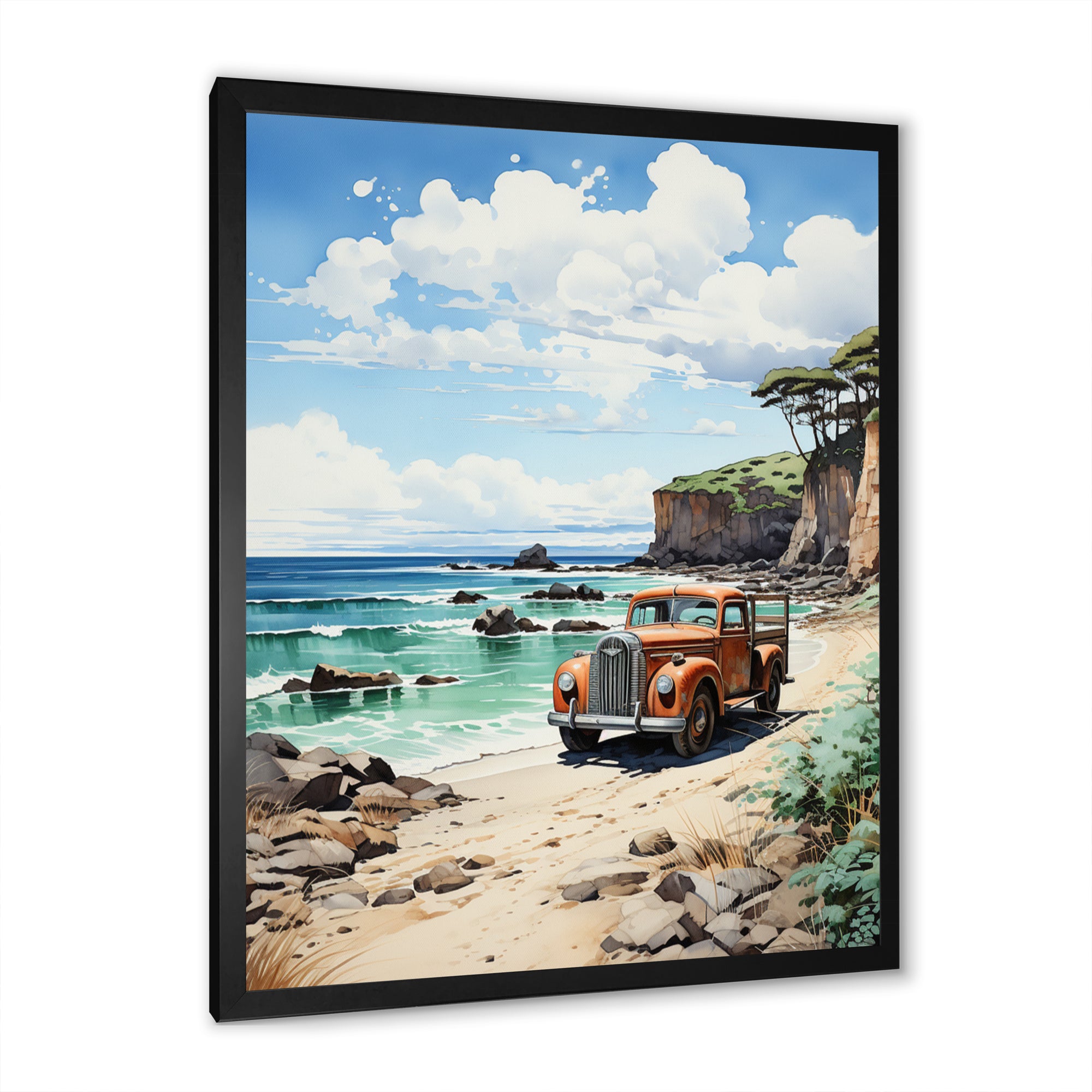 Coral Pickup Truck Coastal Retreat - Pickup Truck Canvas Wall Art