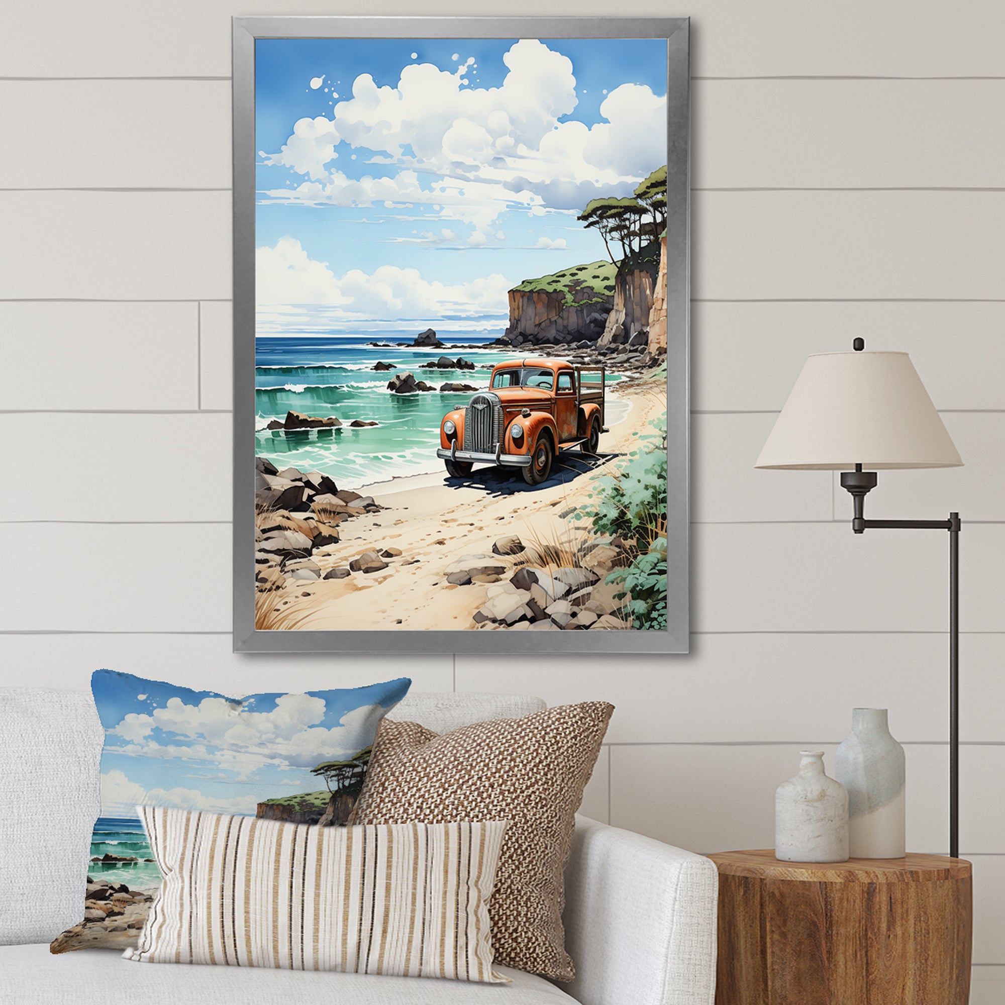 Coral Pickup Truck Coastal Retreat - Pickup Truck Canvas Wall Art