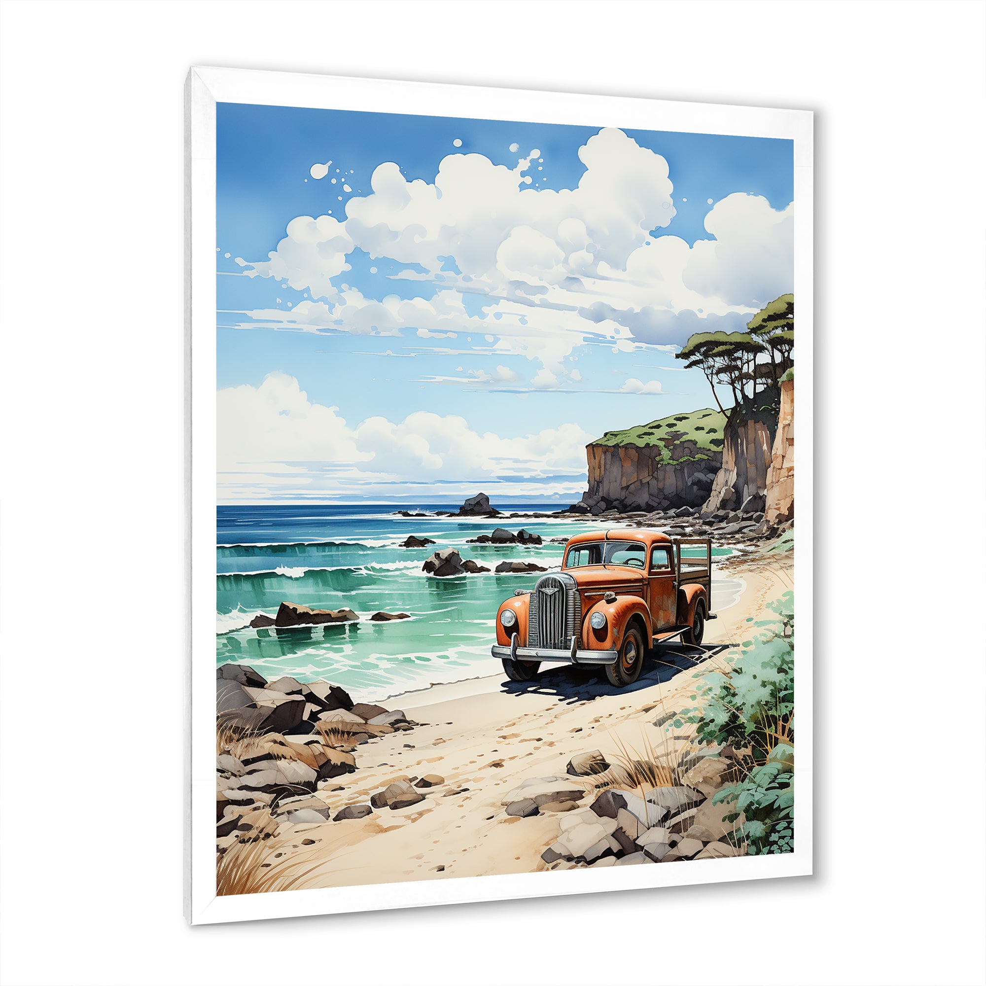 Coral Pickup Truck Coastal Retreat - Pickup Truck Canvas Wall Art