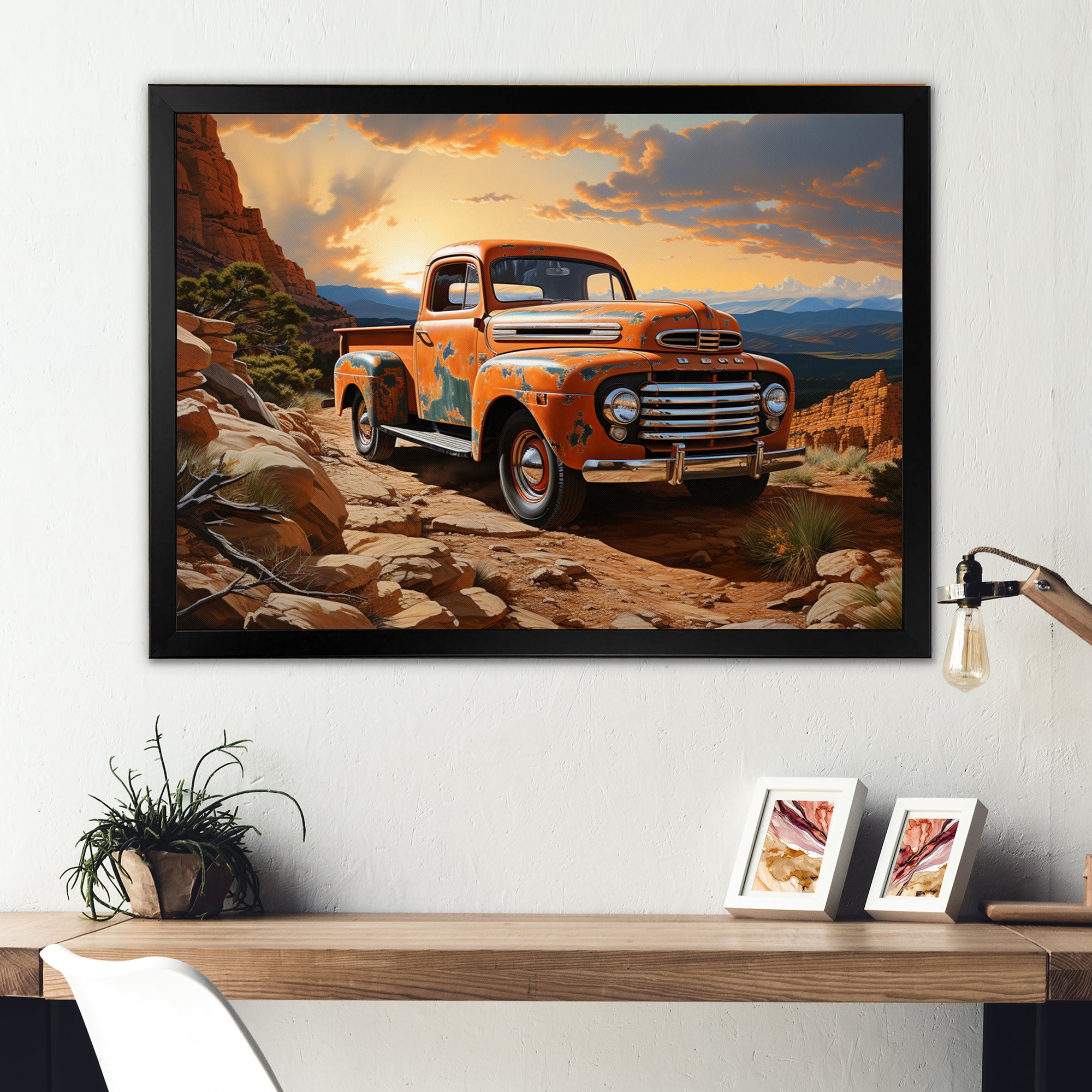 Orange Pickup Truck In Nevada Landscape - Pickup Truck Canvas Wall Art