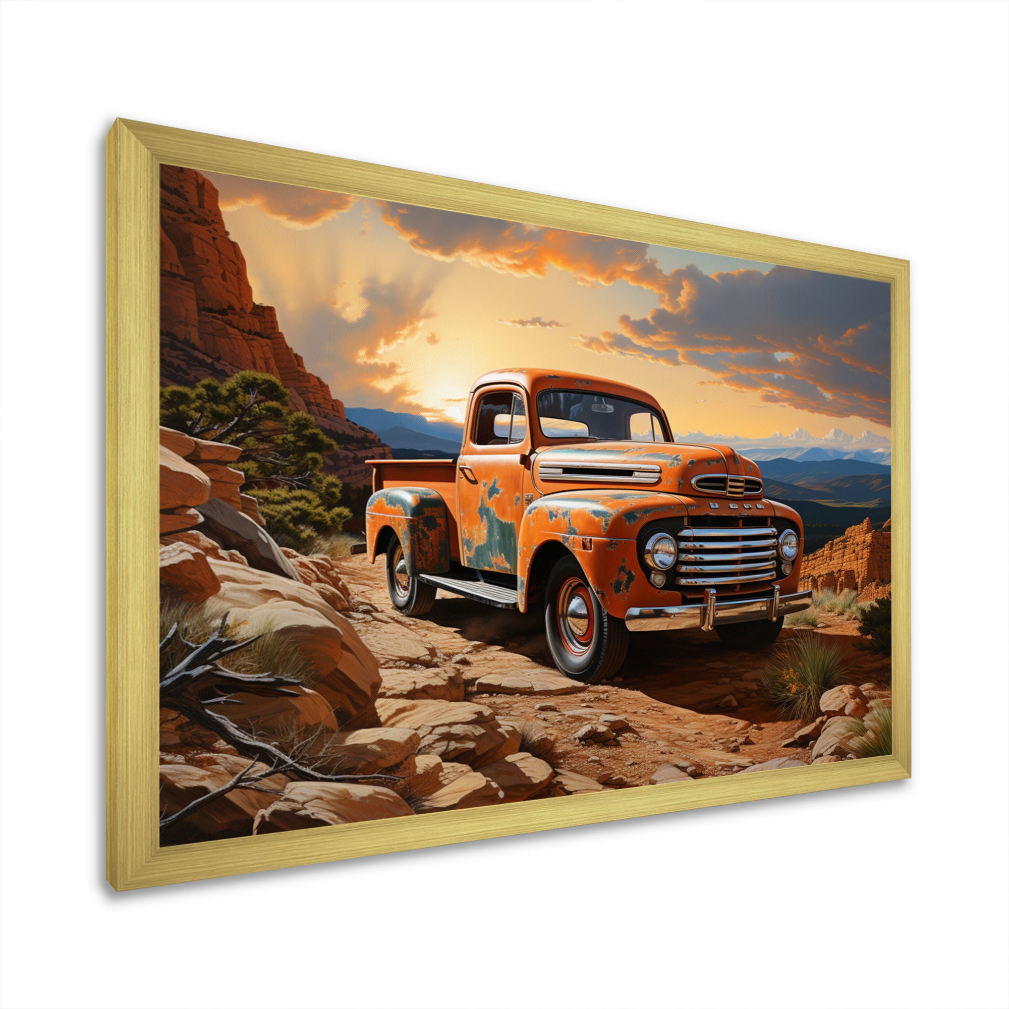 Orange Pickup Truck In Nevada Landscape - Pickup Truck Canvas Wall Art