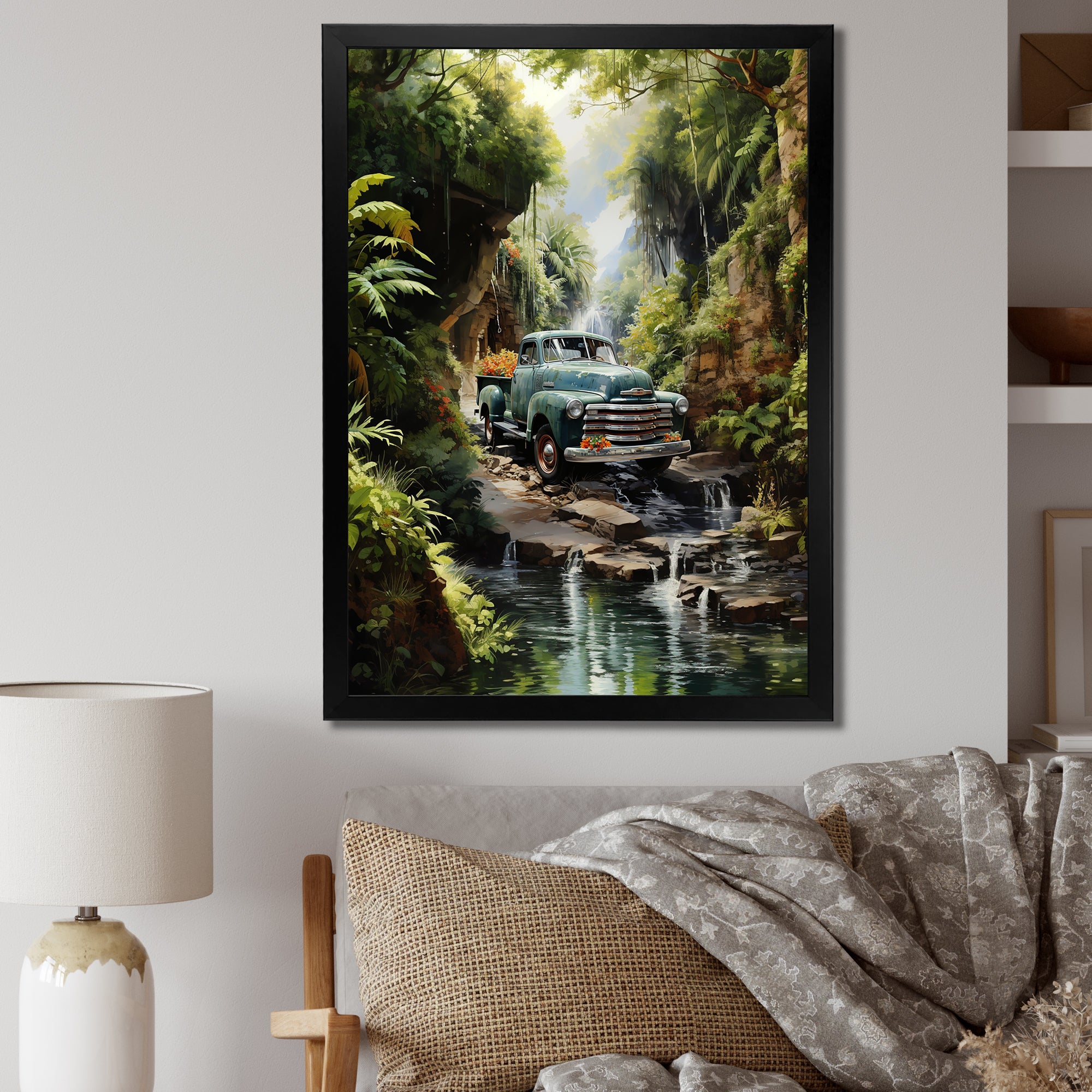 Green Pickup Truck Enchanting Waterfall I - Pickup Truck Canvas Wall Art