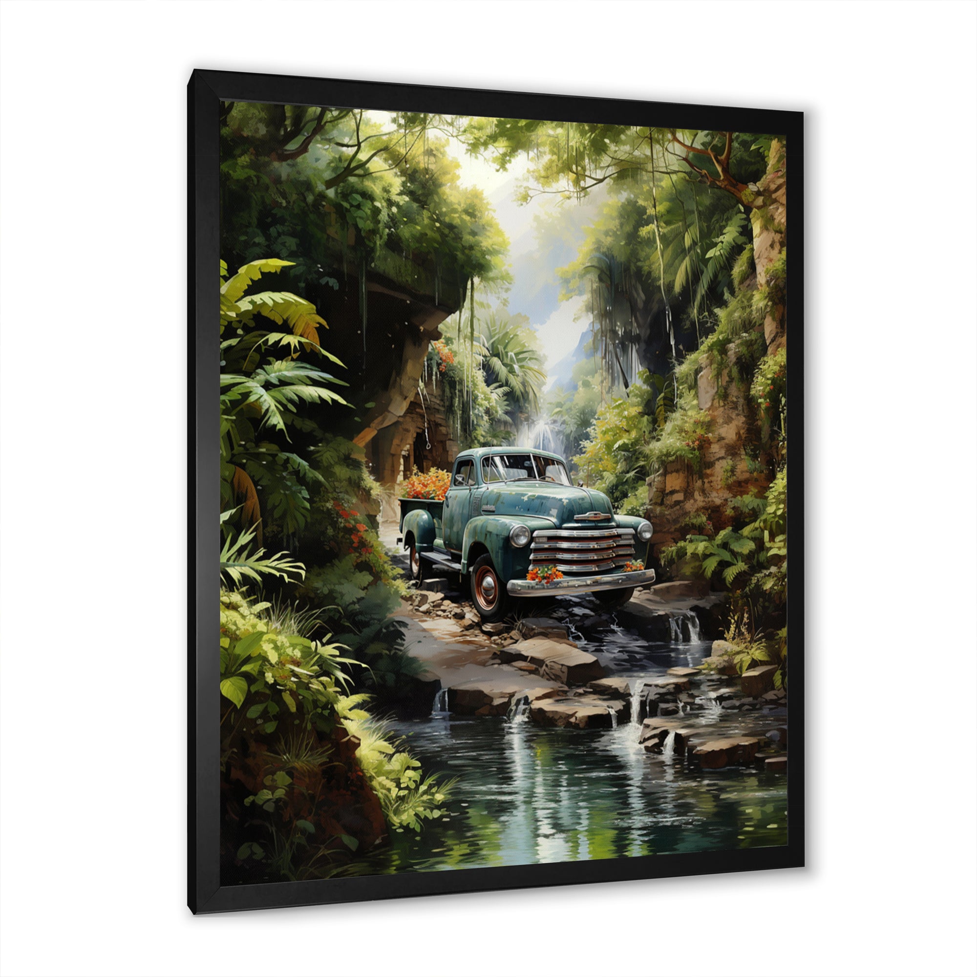 Green Pickup Truck Enchanting Waterfall I - Pickup Truck Canvas Wall Art