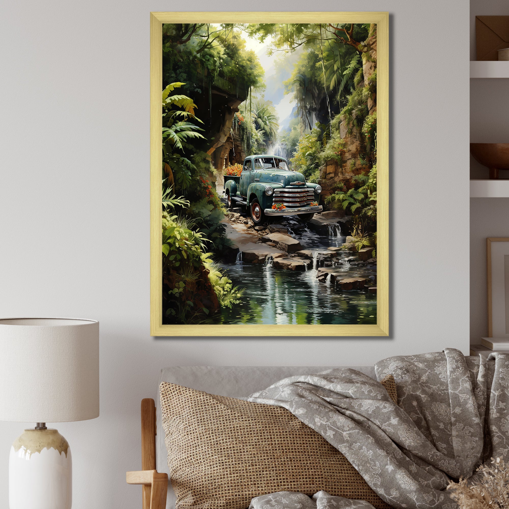 Green Pickup Truck Enchanting Waterfall I - Pickup Truck Canvas Wall Art