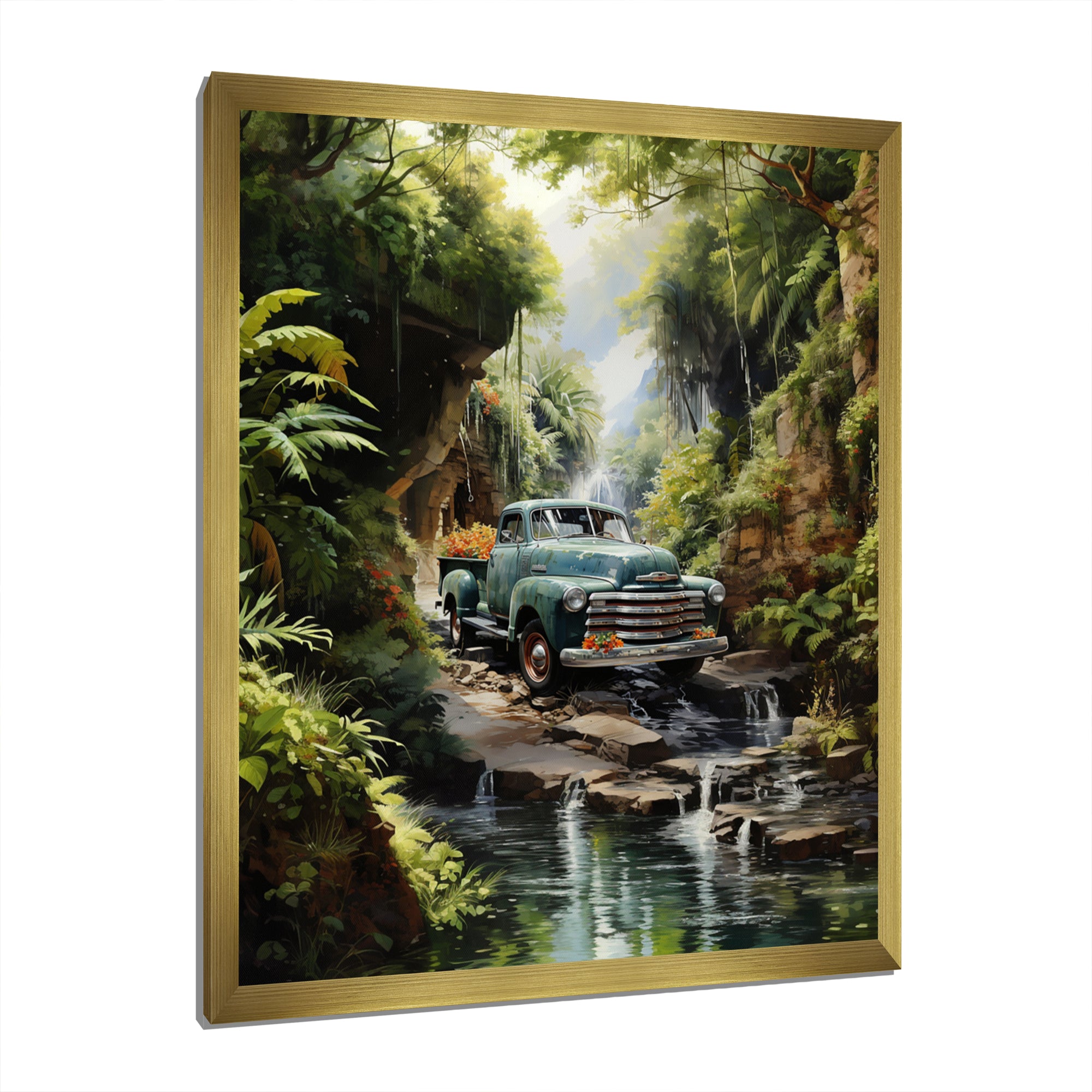 Green Pickup Truck Enchanting Waterfall I - Pickup Truck Canvas Wall Art