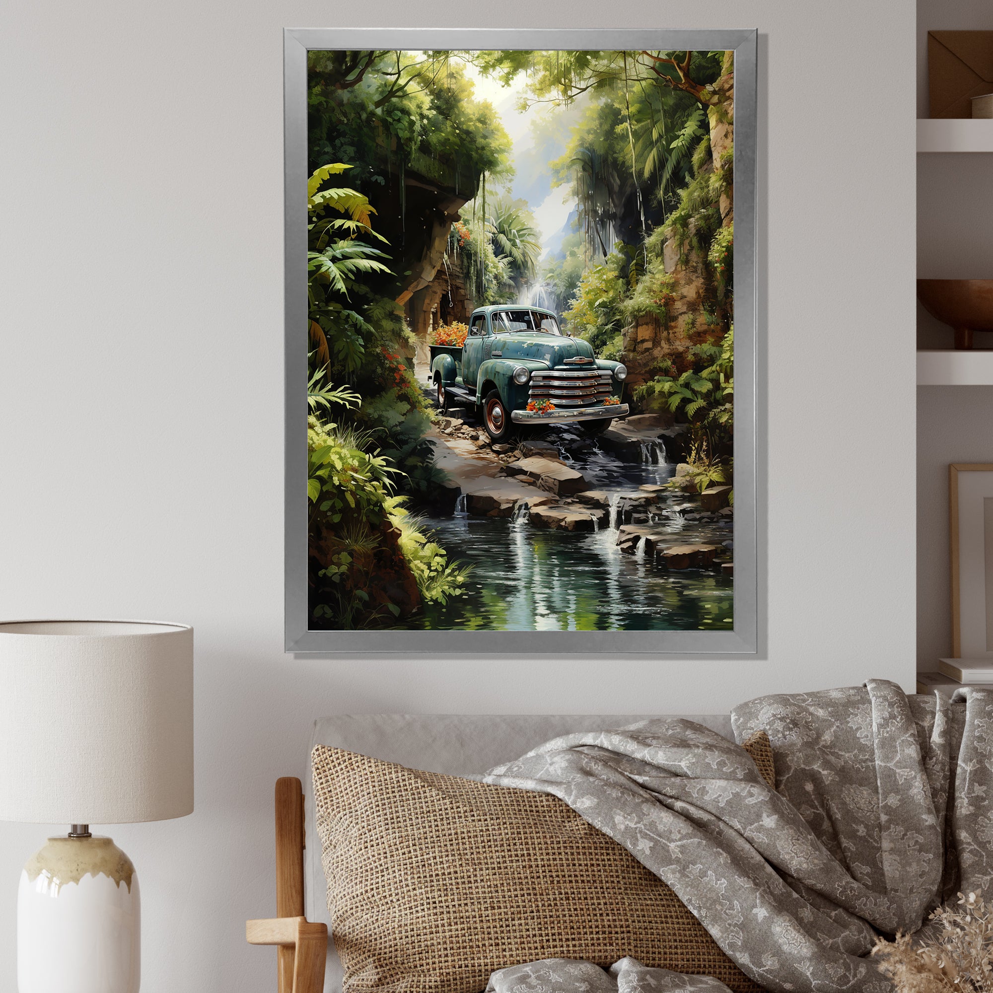 Green Pickup Truck Enchanting Waterfall I - Pickup Truck Canvas Wall Art