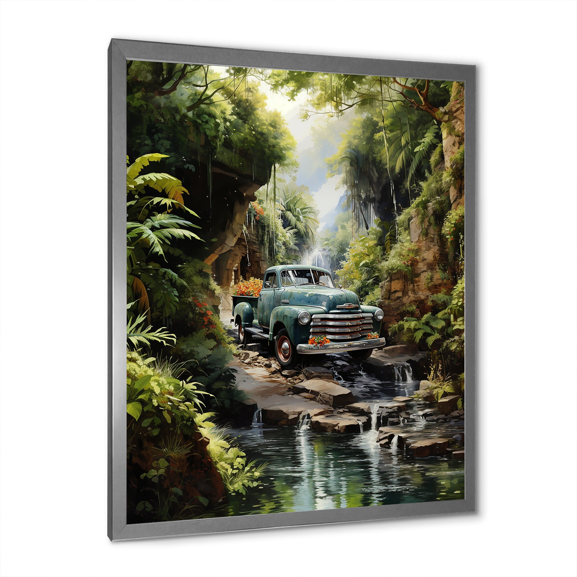 Green Pickup Truck Enchanting Waterfall I - Pickup Truck Canvas Wall Art
