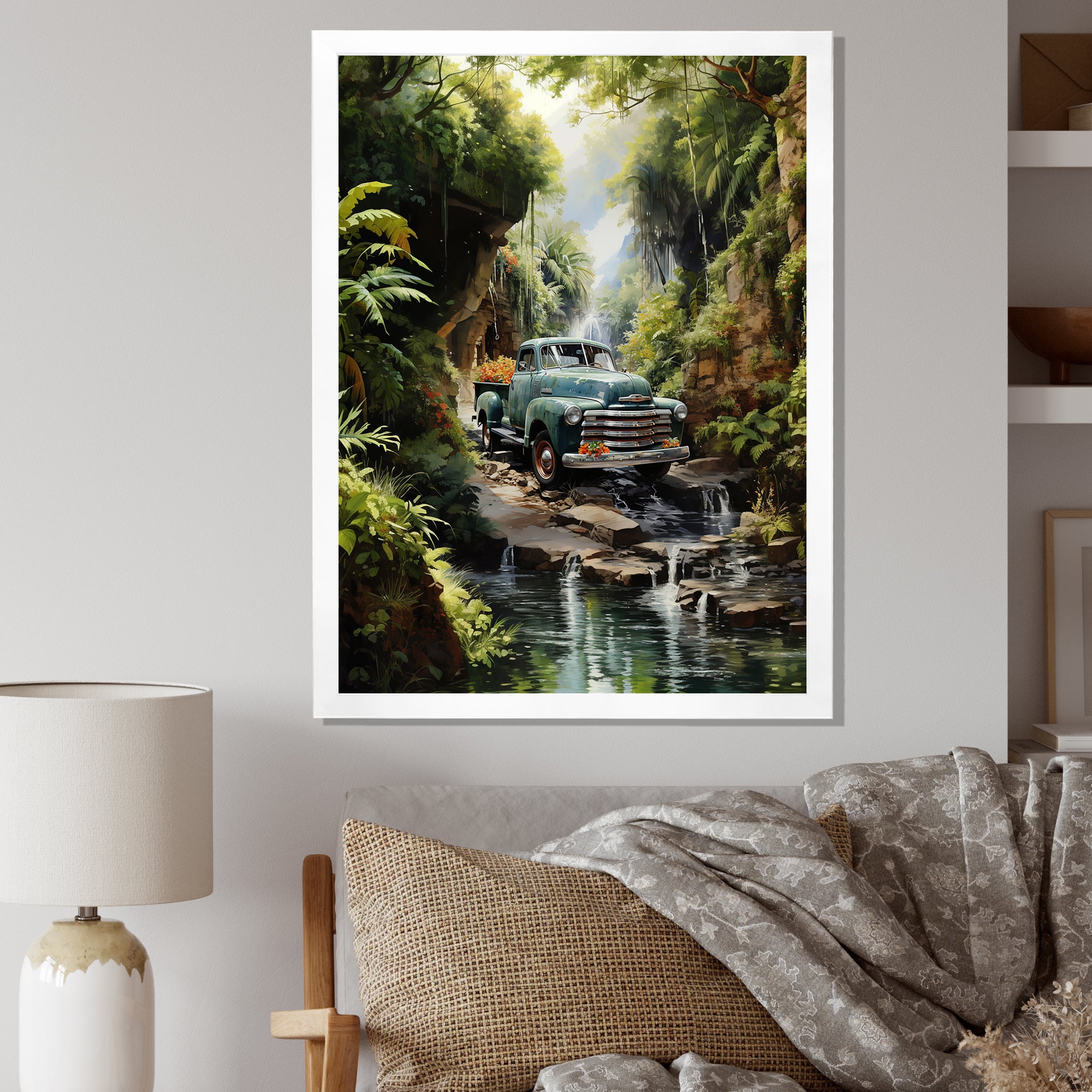 Green Pickup Truck Enchanting Waterfall I - Pickup Truck Canvas Wall Art
