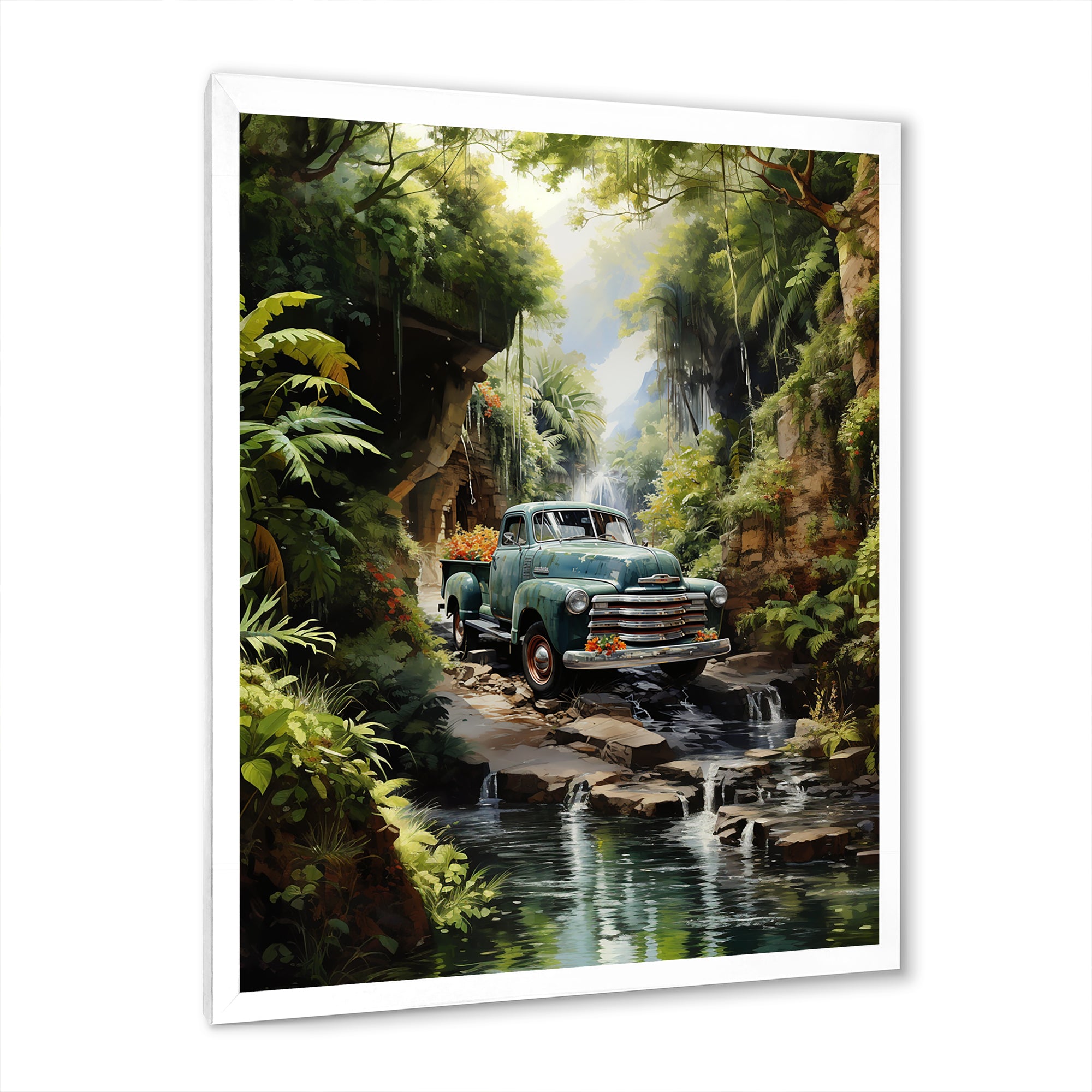 Green Pickup Truck Enchanting Waterfall I - Pickup Truck Canvas Wall Art