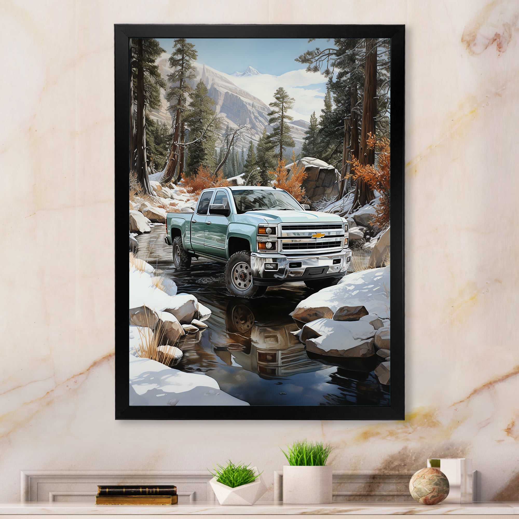 White Pickup Truck Winter Wilderness - Pickup Truck Canvas Wall Art