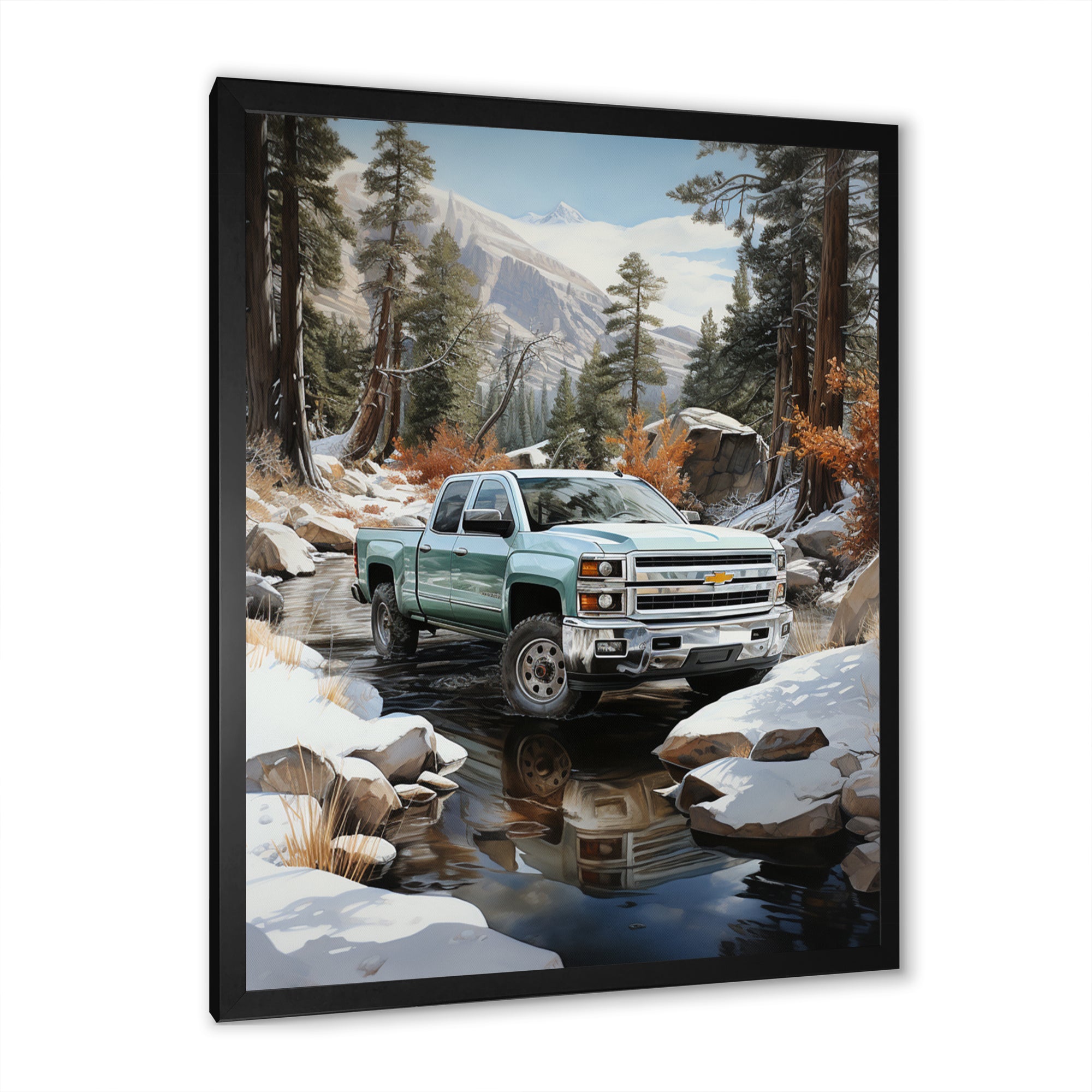 White Pickup Truck Winter Wilderness - Pickup Truck Canvas Wall Art