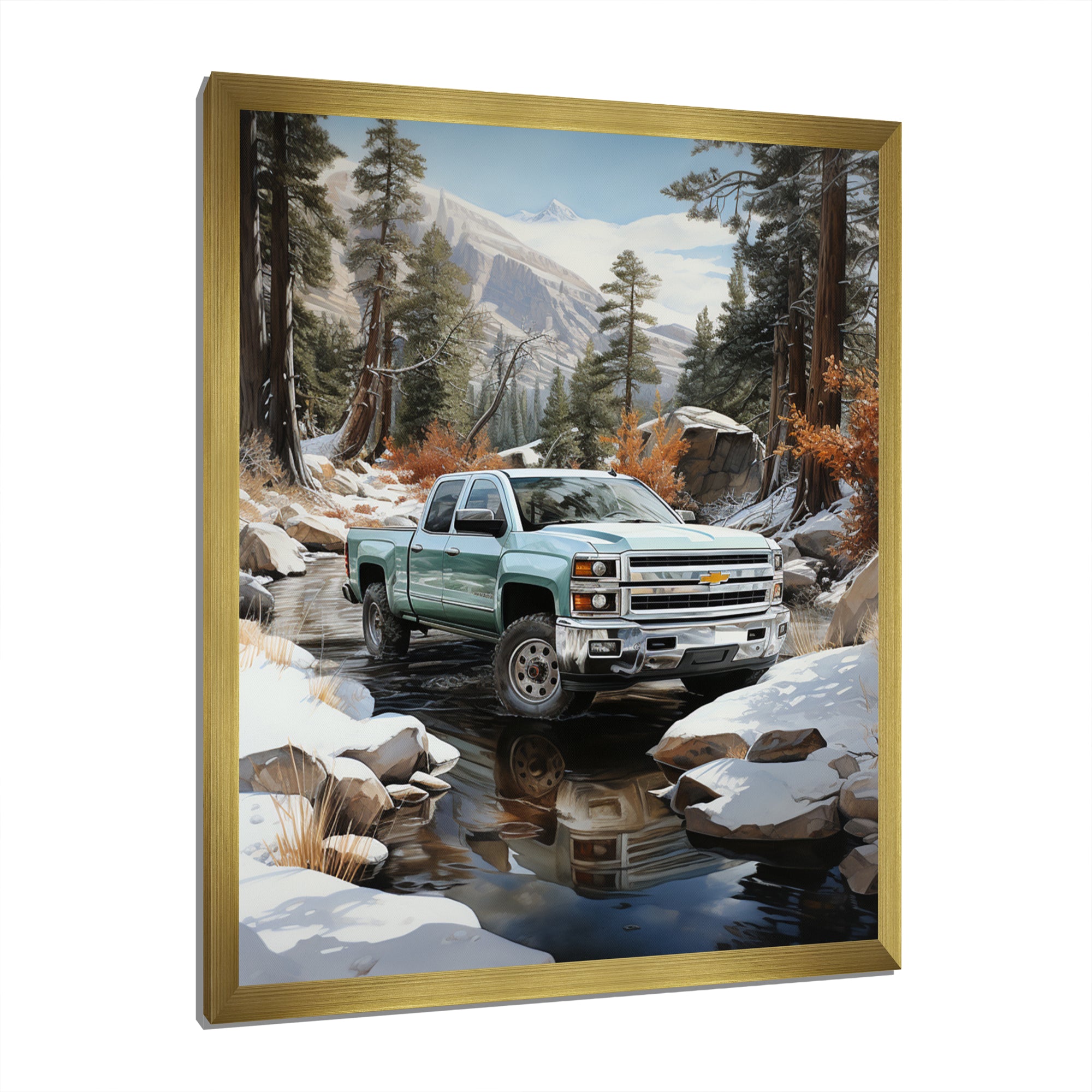 White Pickup Truck Winter Wilderness - Pickup Truck Canvas Wall Art