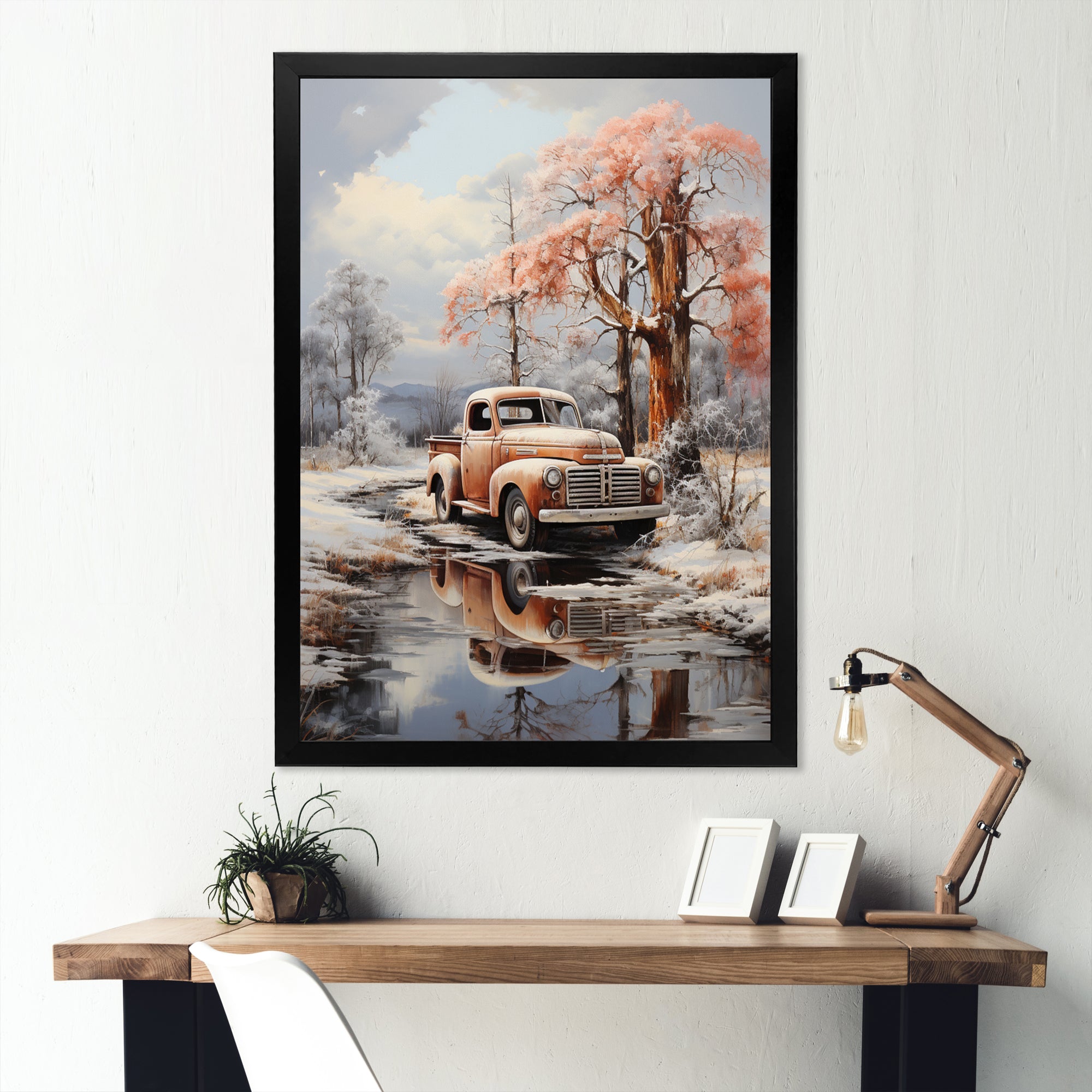 Coral Pickup Truck Frozen Wilderness - Pickup Truck Canvas Wall Art