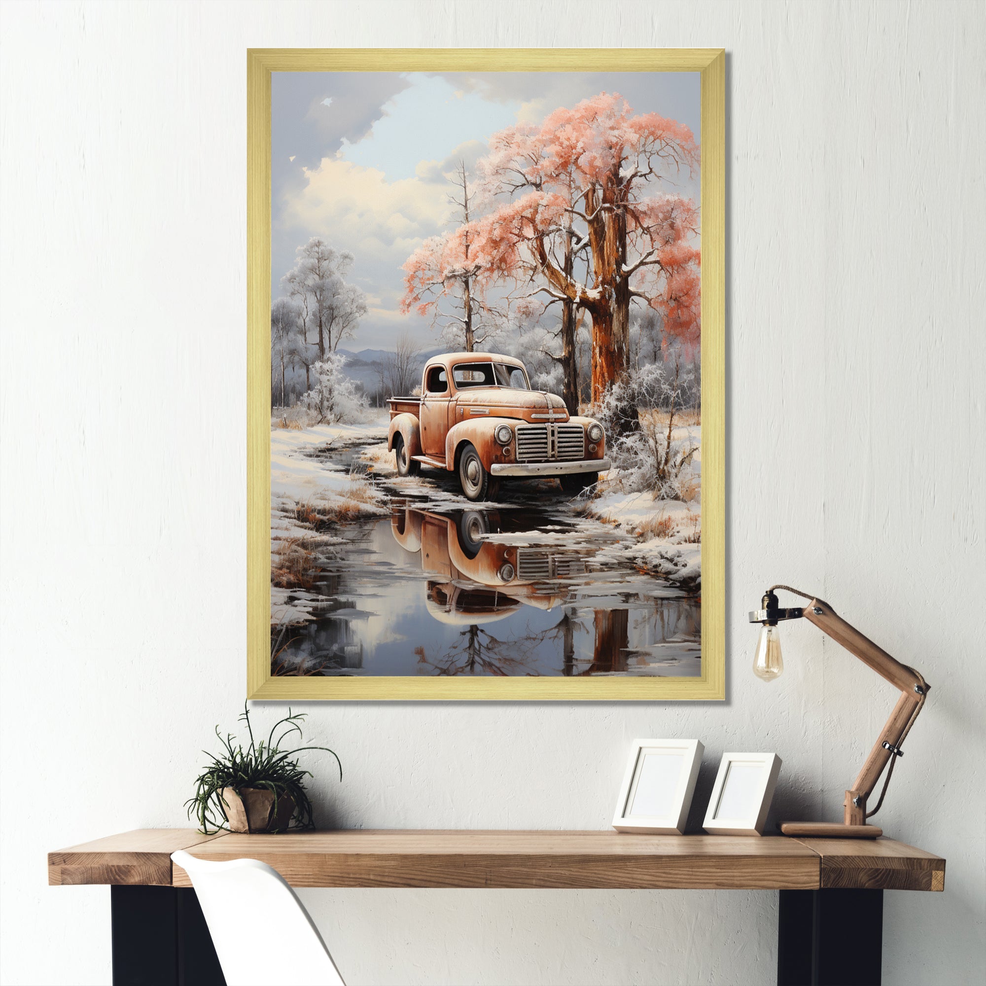 Coral Pickup Truck Frozen Wilderness - Pickup Truck Canvas Wall Art