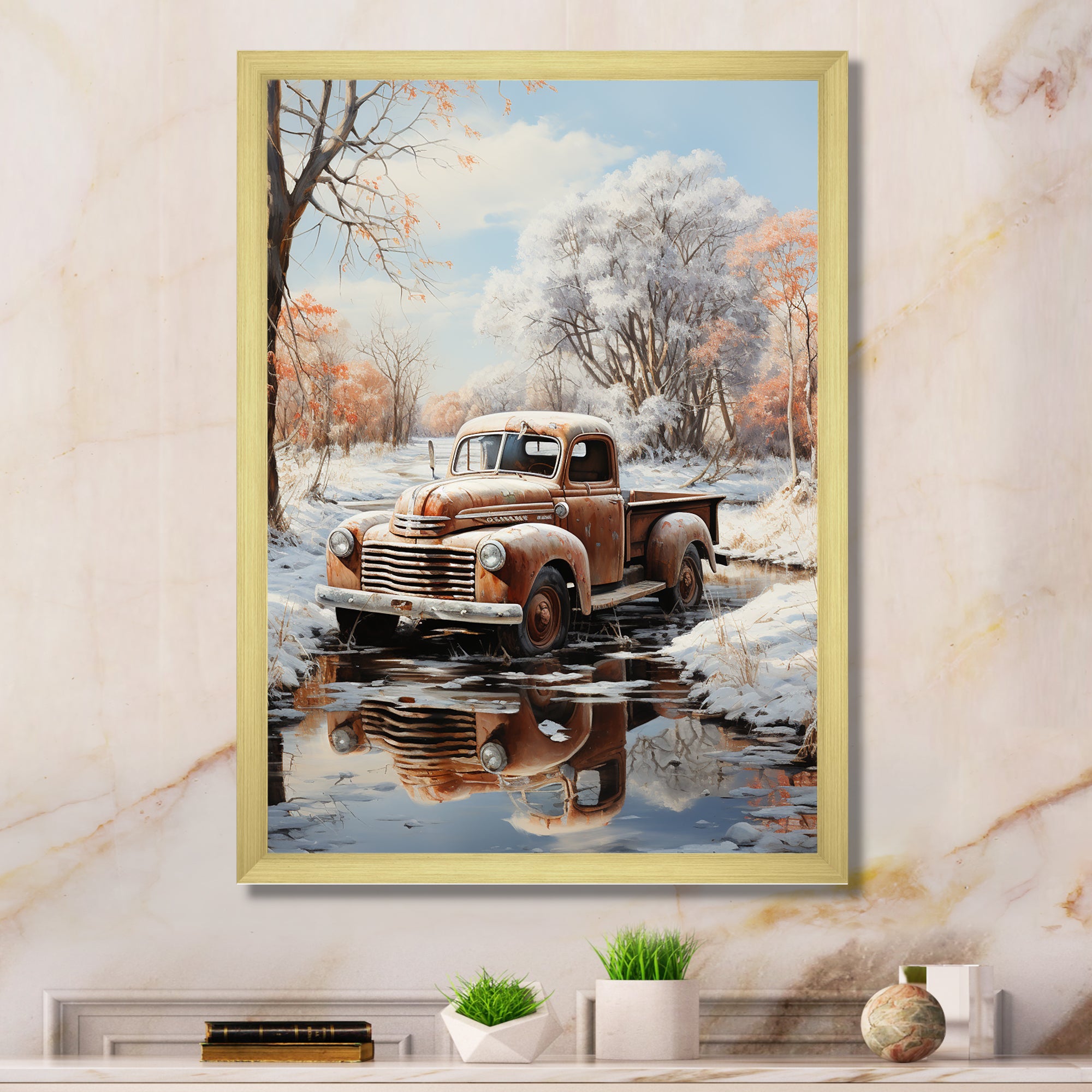 Brown Pickup Truck Frozen Wilderness - Pickup Truck Canvas Wall Art