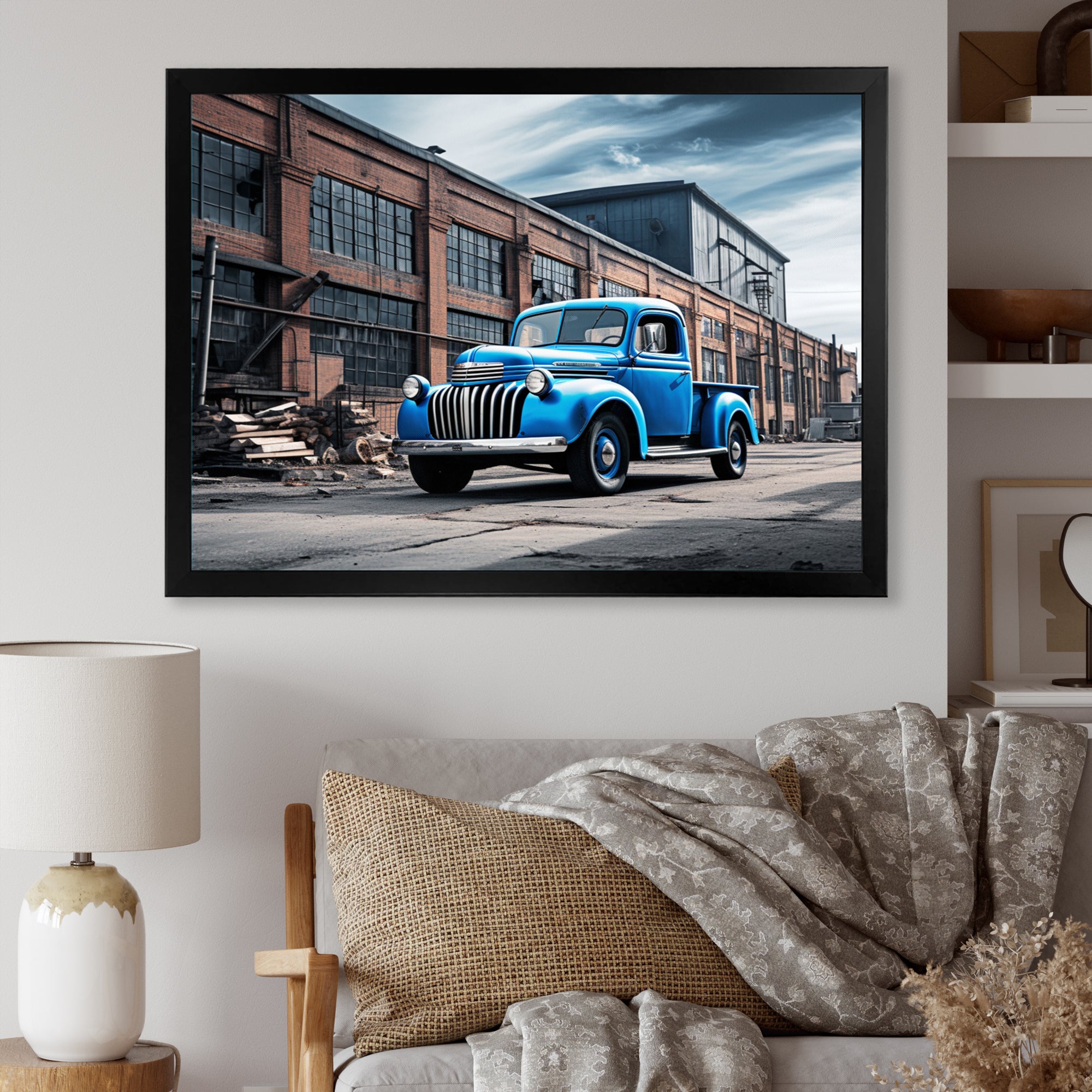 Blue Pickup Truck Industrial Drive I - Pickup Truck Canvas Wall Art