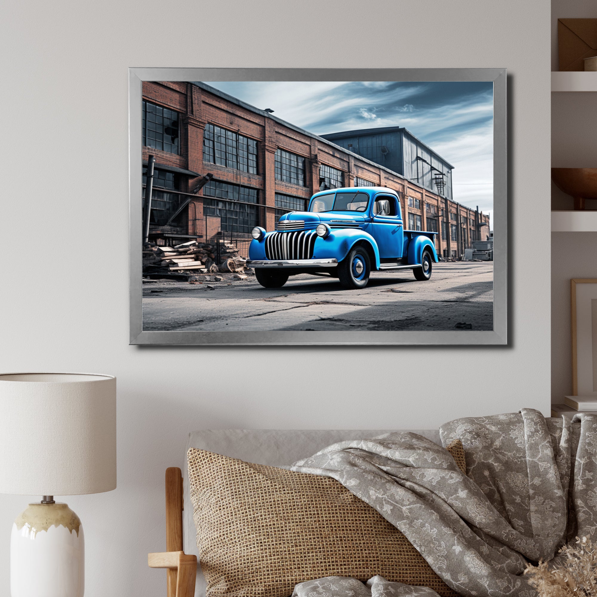 Blue Pickup Truck Industrial Drive I - Pickup Truck Canvas Wall Art