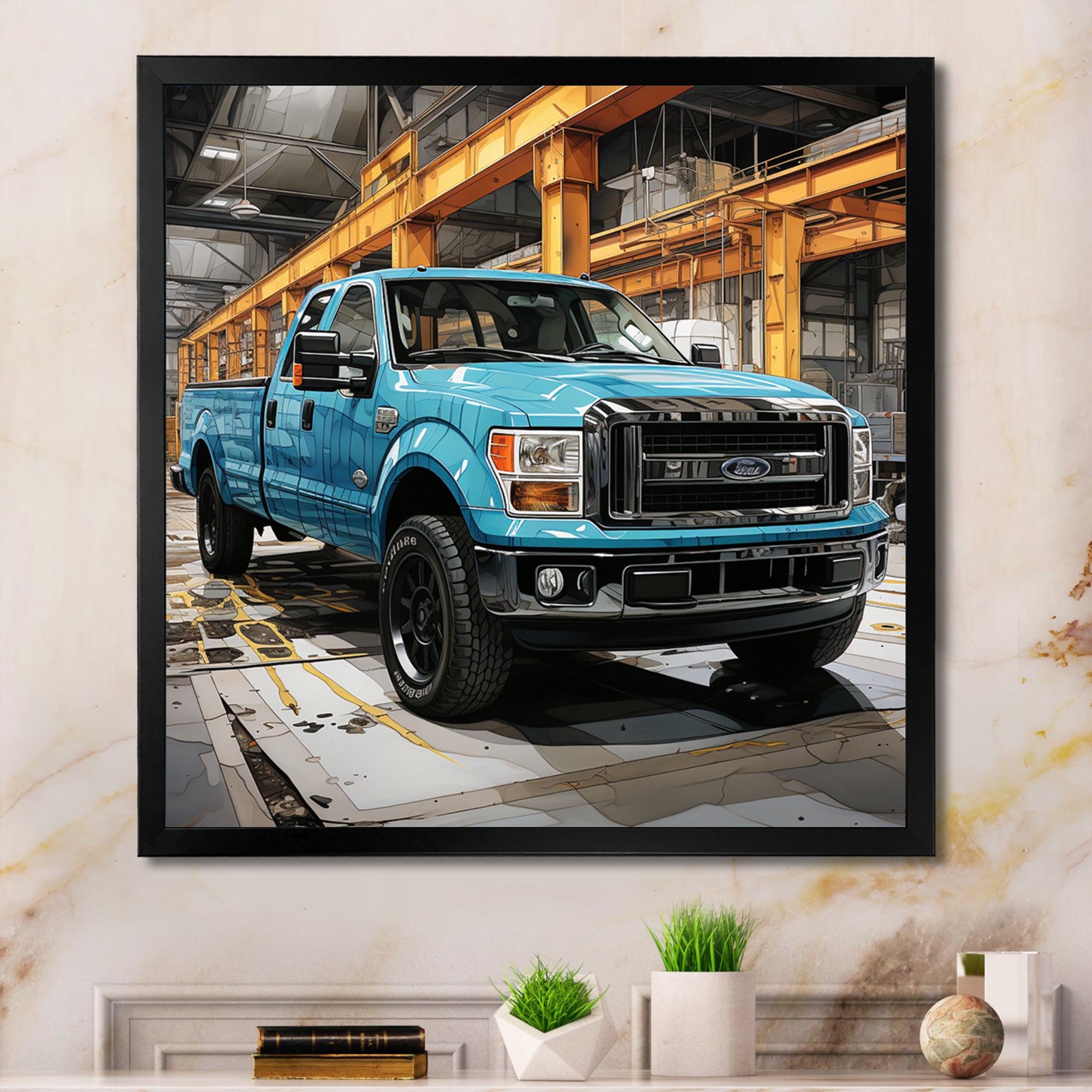 Teal Pickup Truck Industrial Drive - Pickup Truck Canvas Wall Art