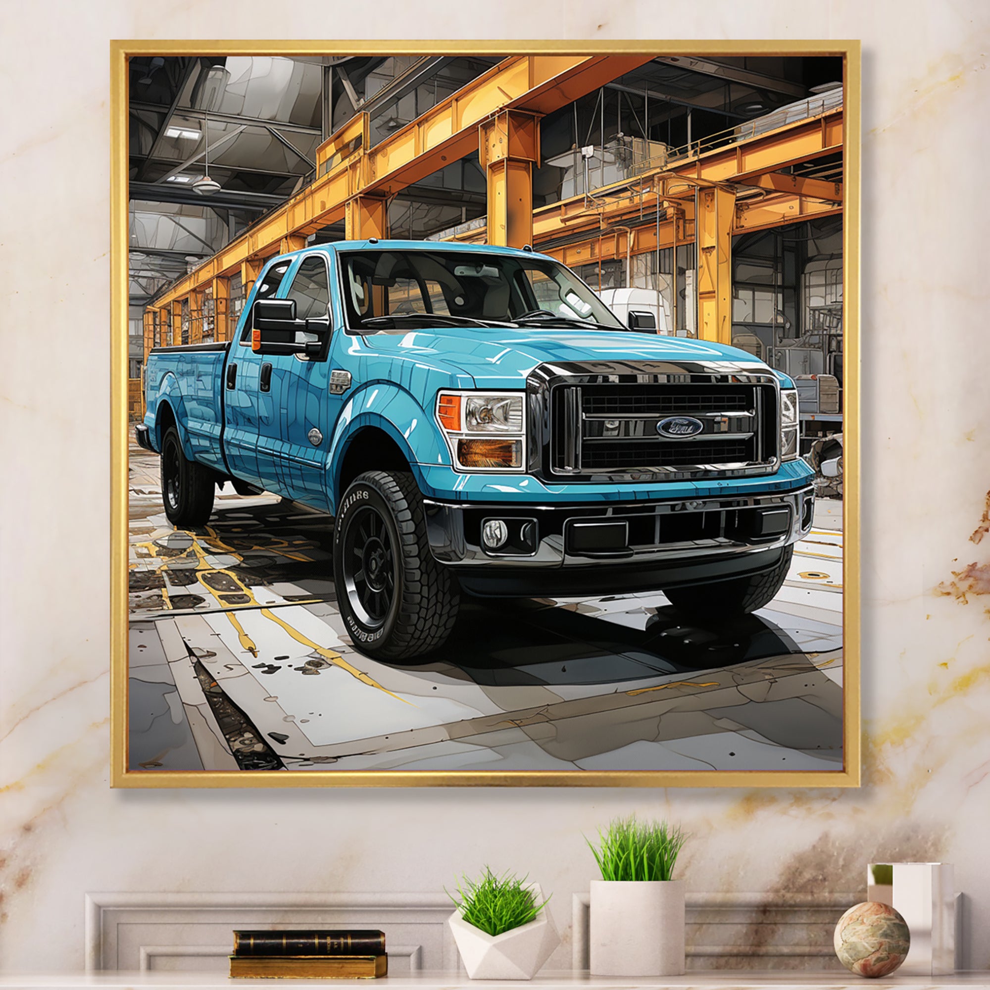 Teal Pickup Truck Industrial Drive - Pickup Truck Canvas Wall Art