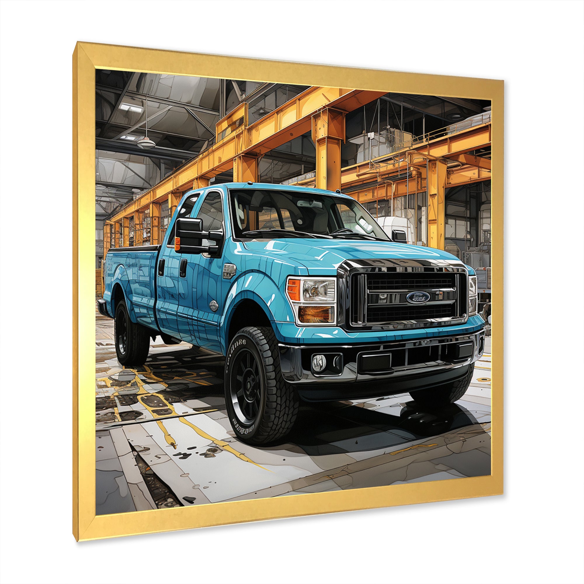 Teal Pickup Truck Industrial Drive - Pickup Truck Canvas Wall Art