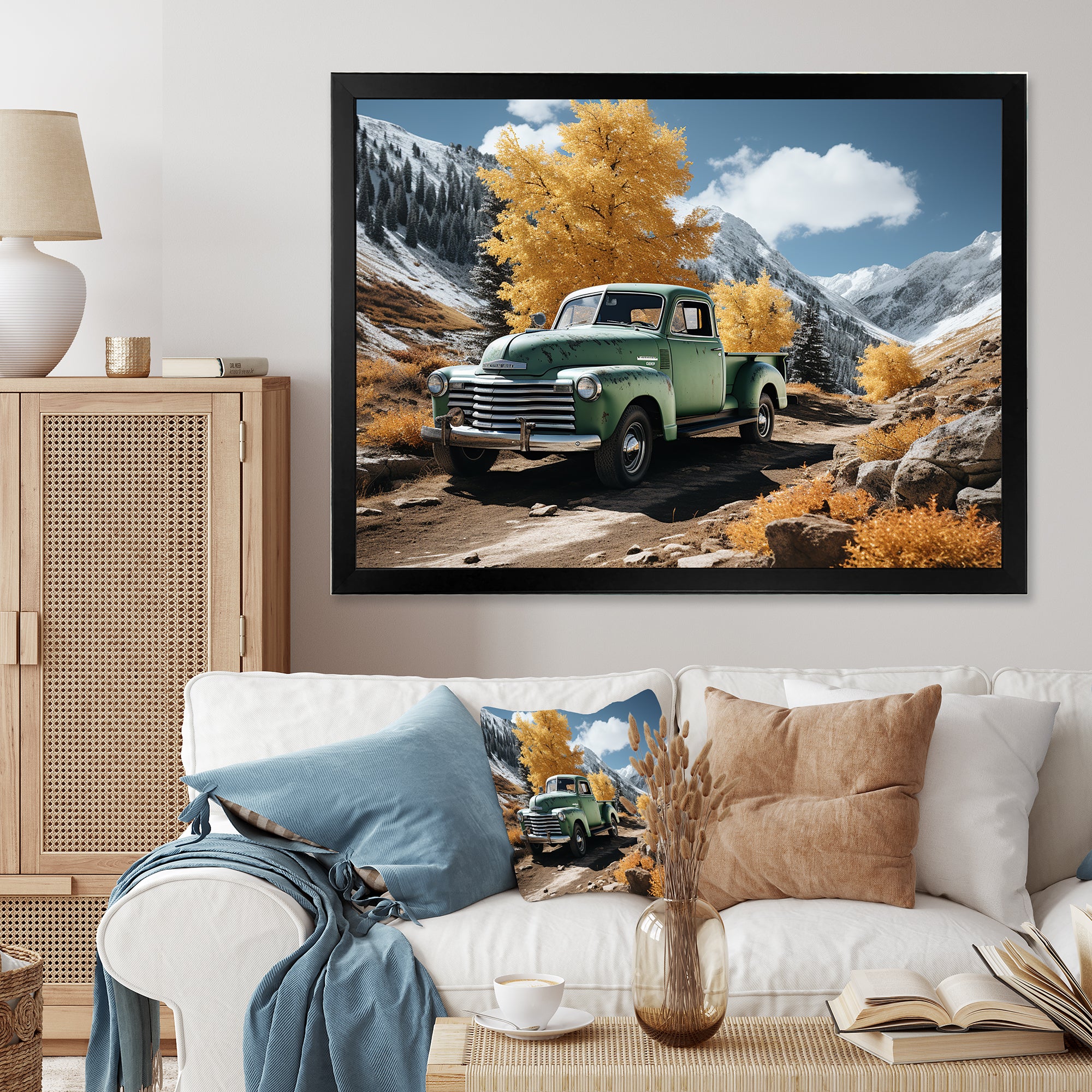 Green Pickup Truck Landscape Adventurers - Pickup Truck Canvas Wall Art