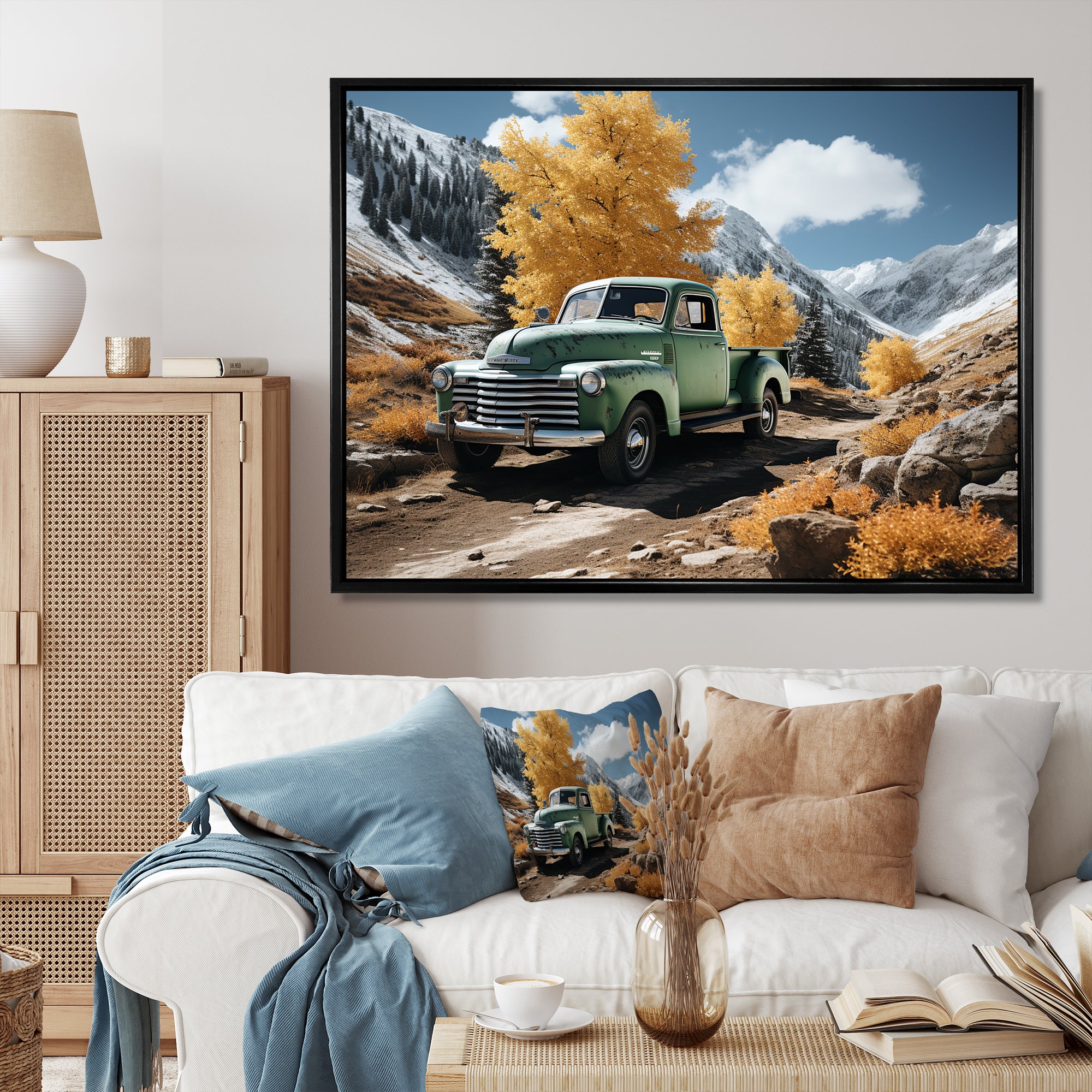 Green Pickup Truck Landscape Adventurers - Pickup Truck Canvas Wall Art