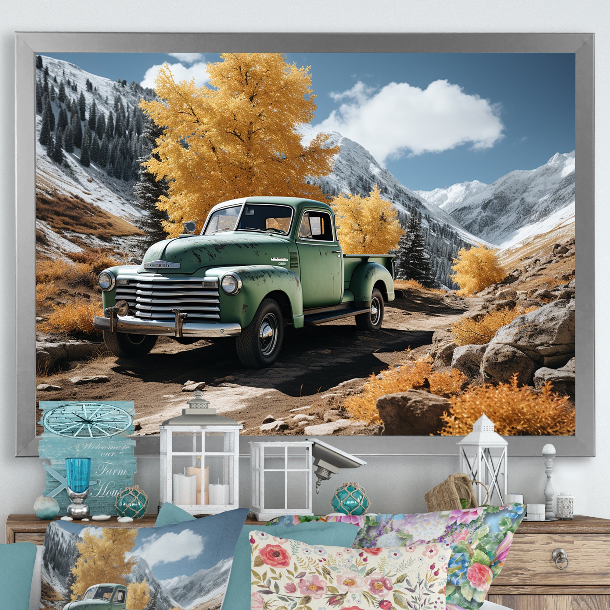 Green Pickup Truck Landscape Adventurers - Pickup Truck Canvas Wall Art