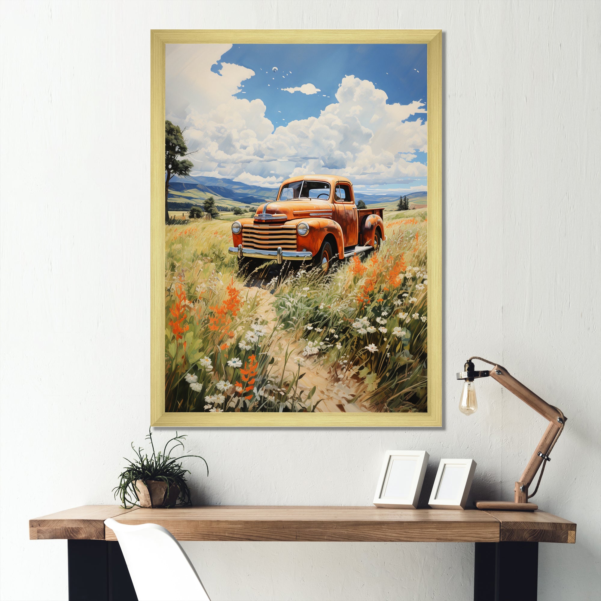 Coral Pickup Truck Luminous Meadows - Pickup Truck Canvas Wall Art