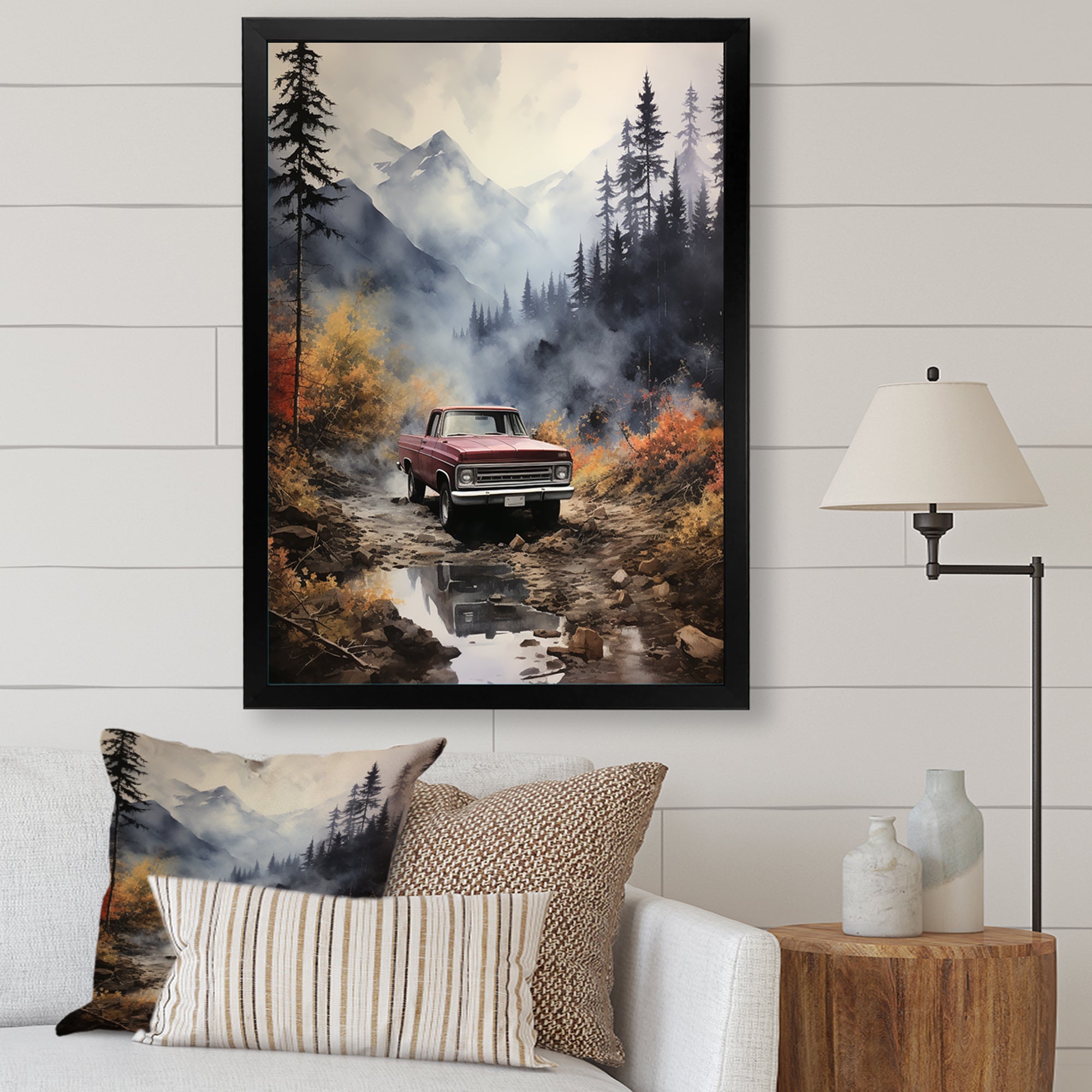 Brown Pickup Truck Misty Mountains - Pickup Truck Canvas Wall Art