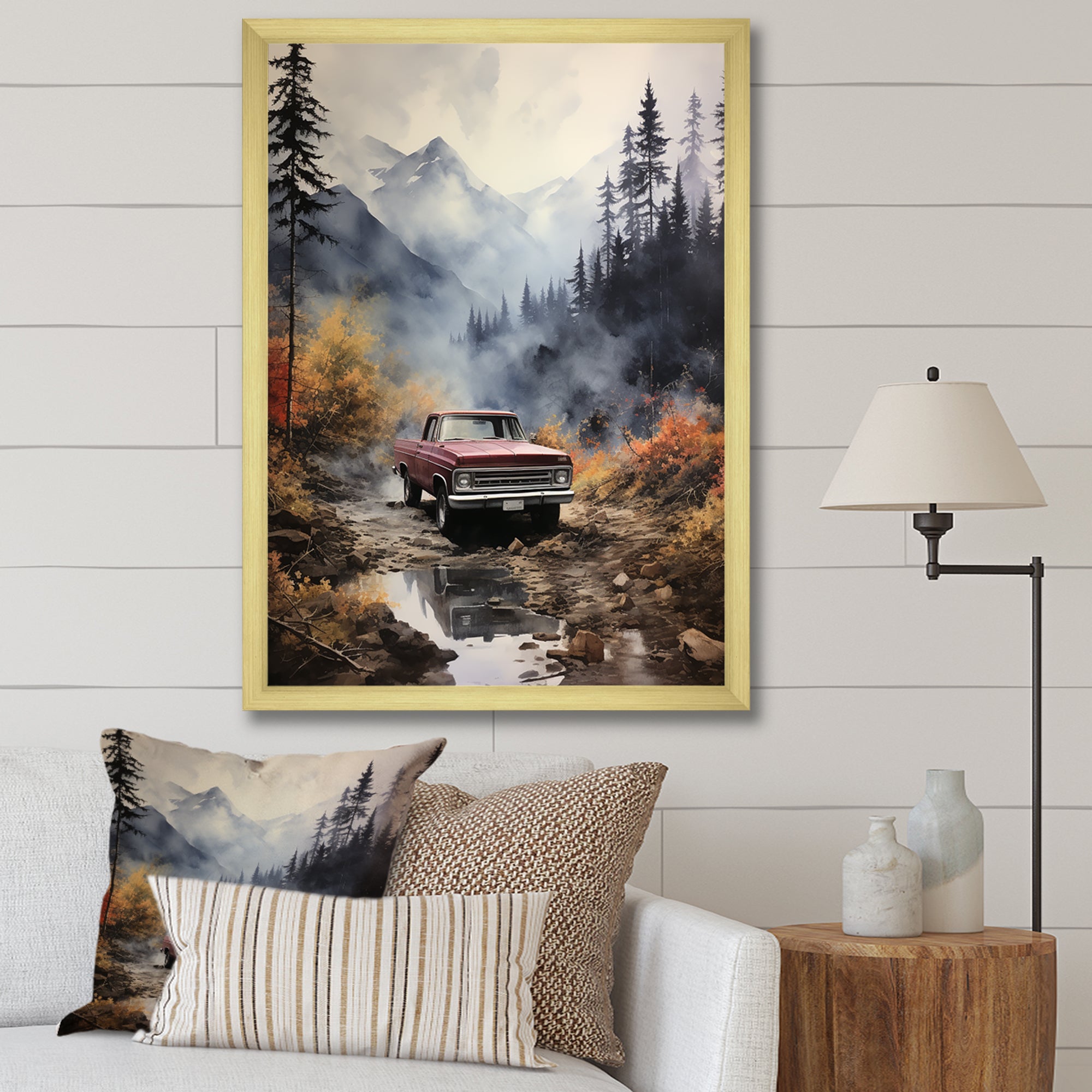 Brown Pickup Truck Misty Mountains - Pickup Truck Canvas Wall Art