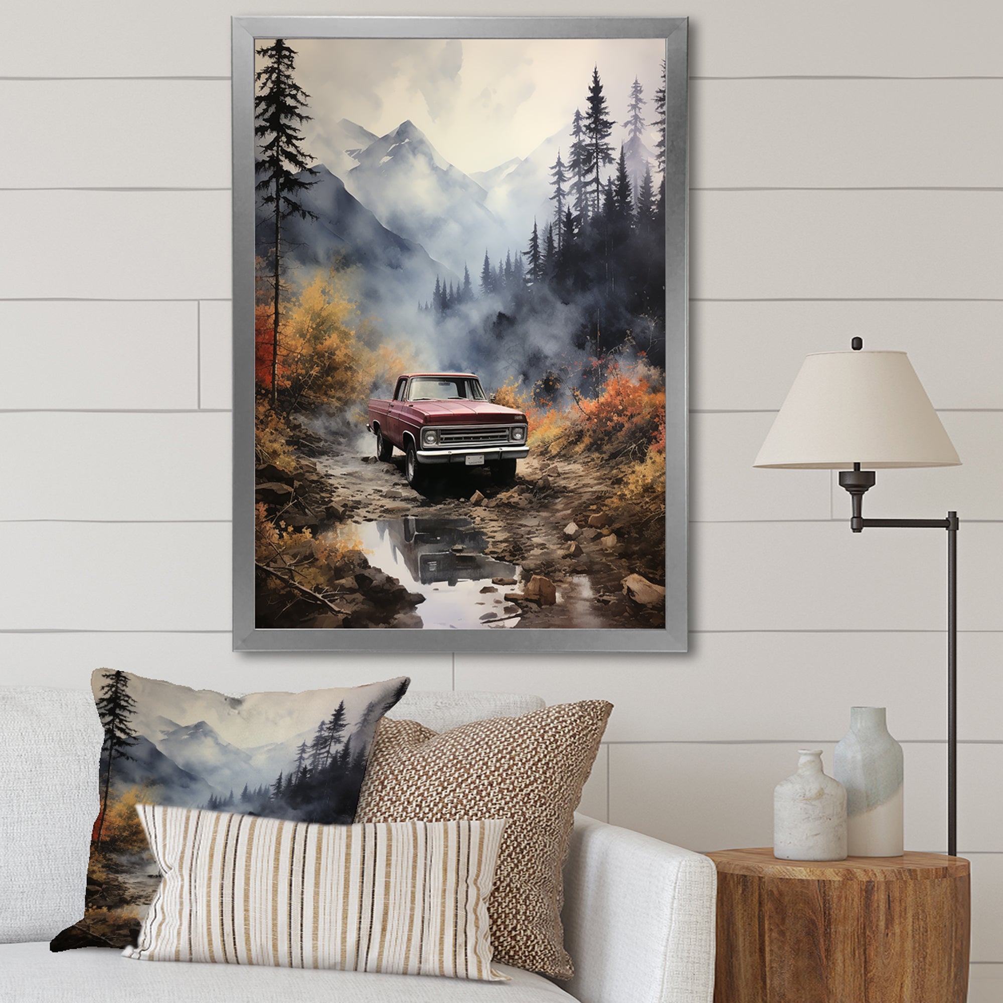 Brown Pickup Truck Misty Mountains - Pickup Truck Canvas Wall Art