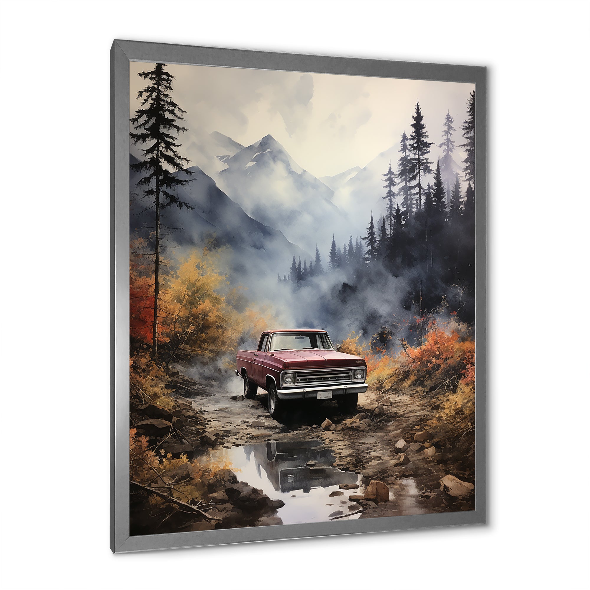 Brown Pickup Truck Misty Mountains - Pickup Truck Canvas Wall Art