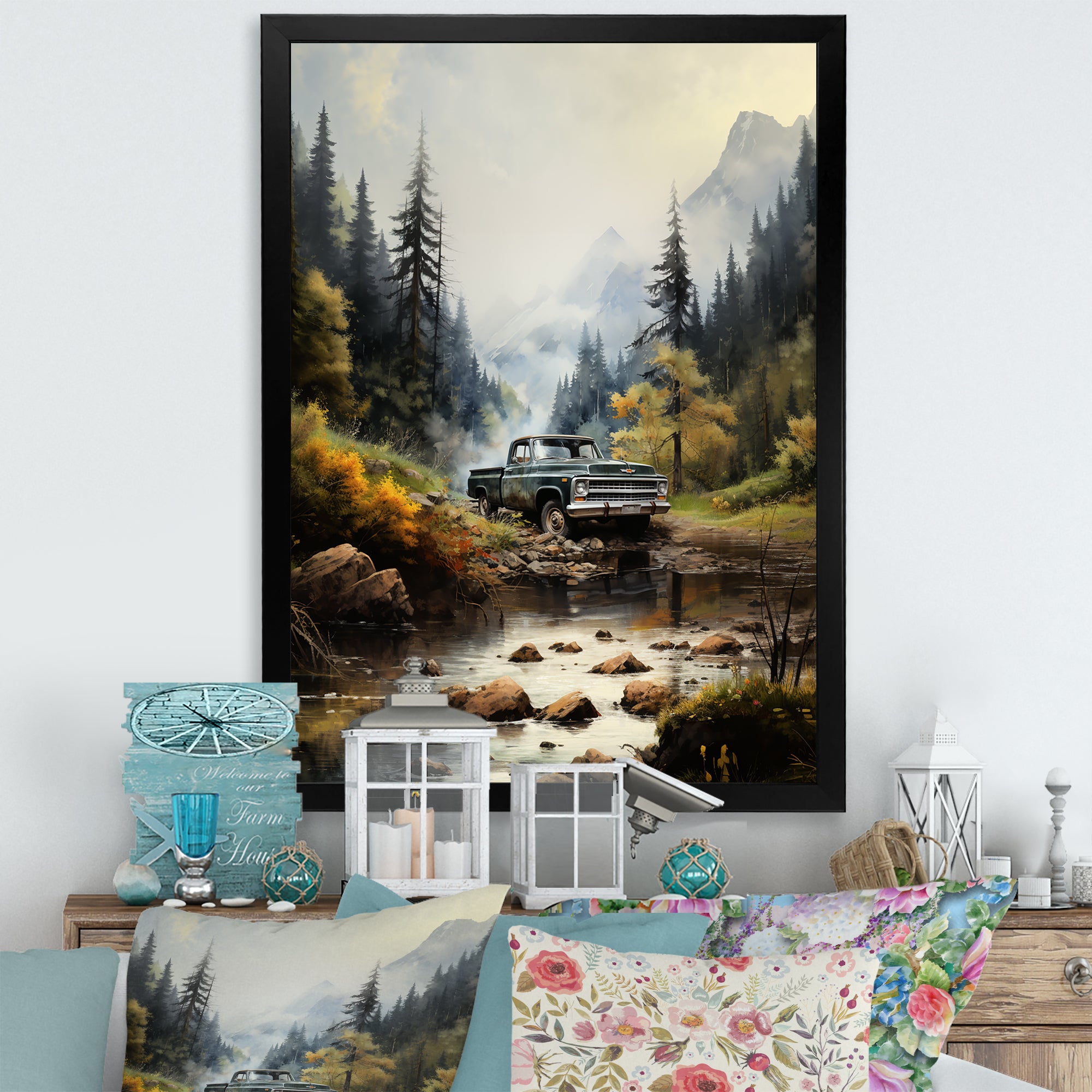 Green Pickup Truck Misty Mountains I - Pickup Truck Canvas Wall Art
