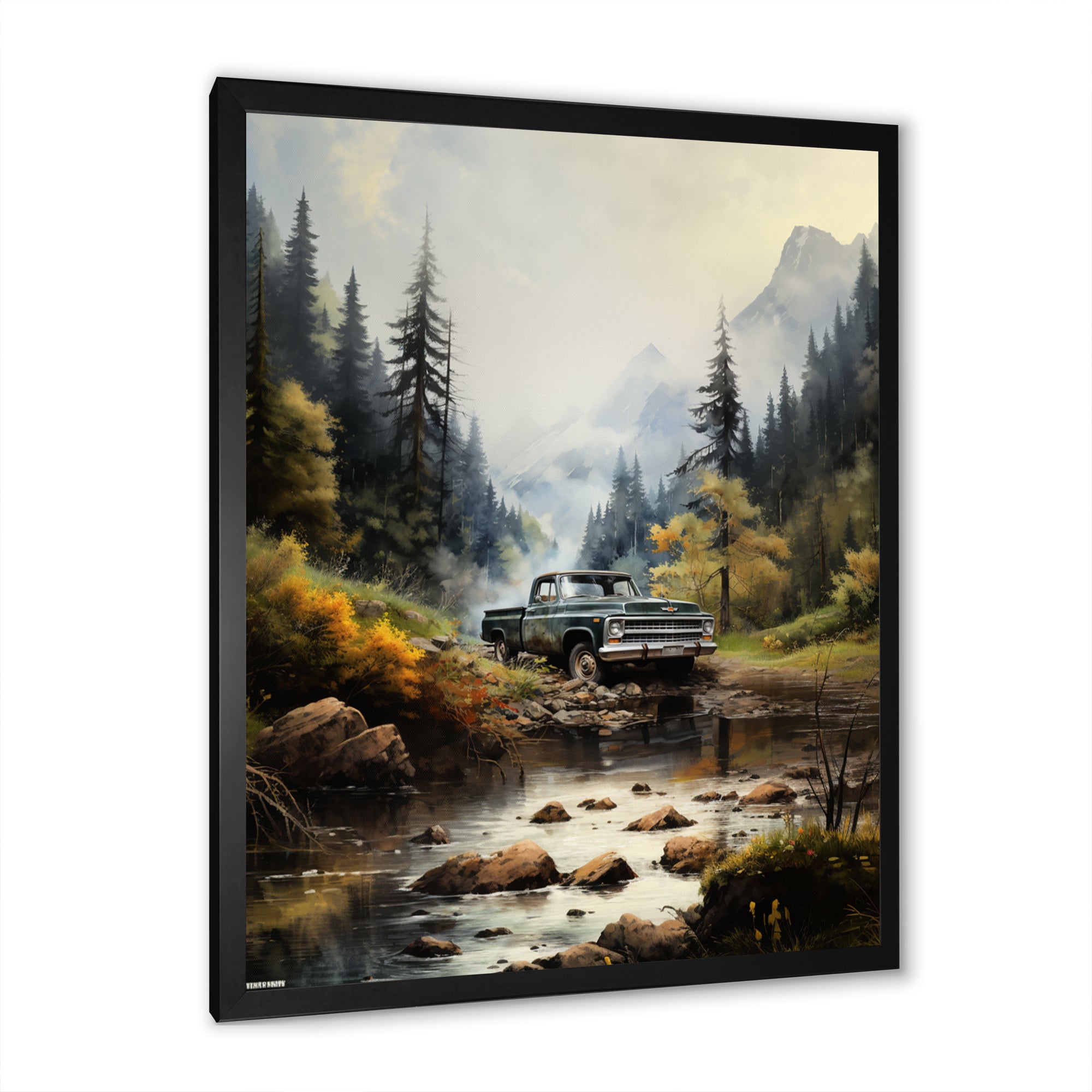 Green Pickup Truck Misty Mountains I - Pickup Truck Canvas Wall Art