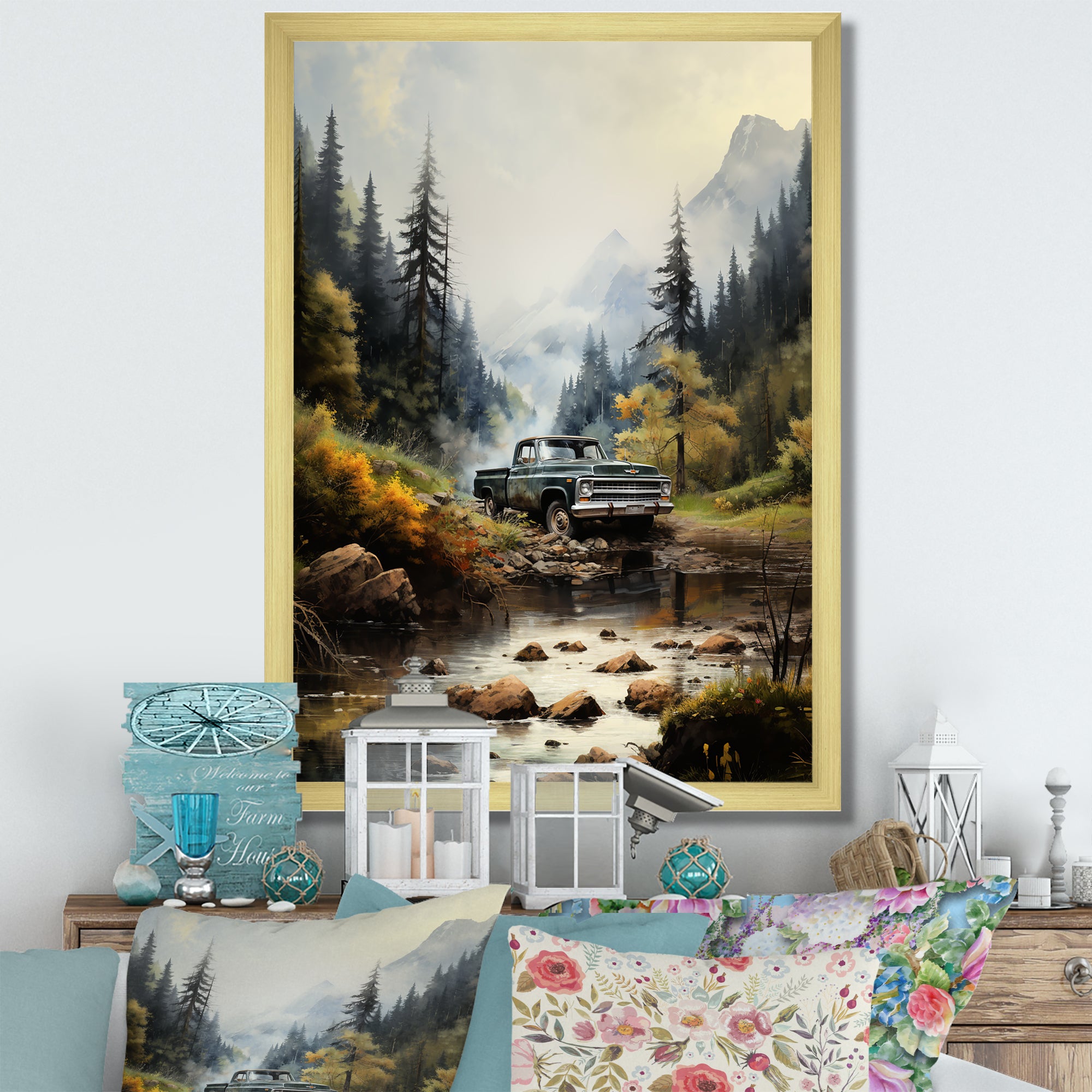 Green Pickup Truck Misty Mountains I - Pickup Truck Canvas Wall Art