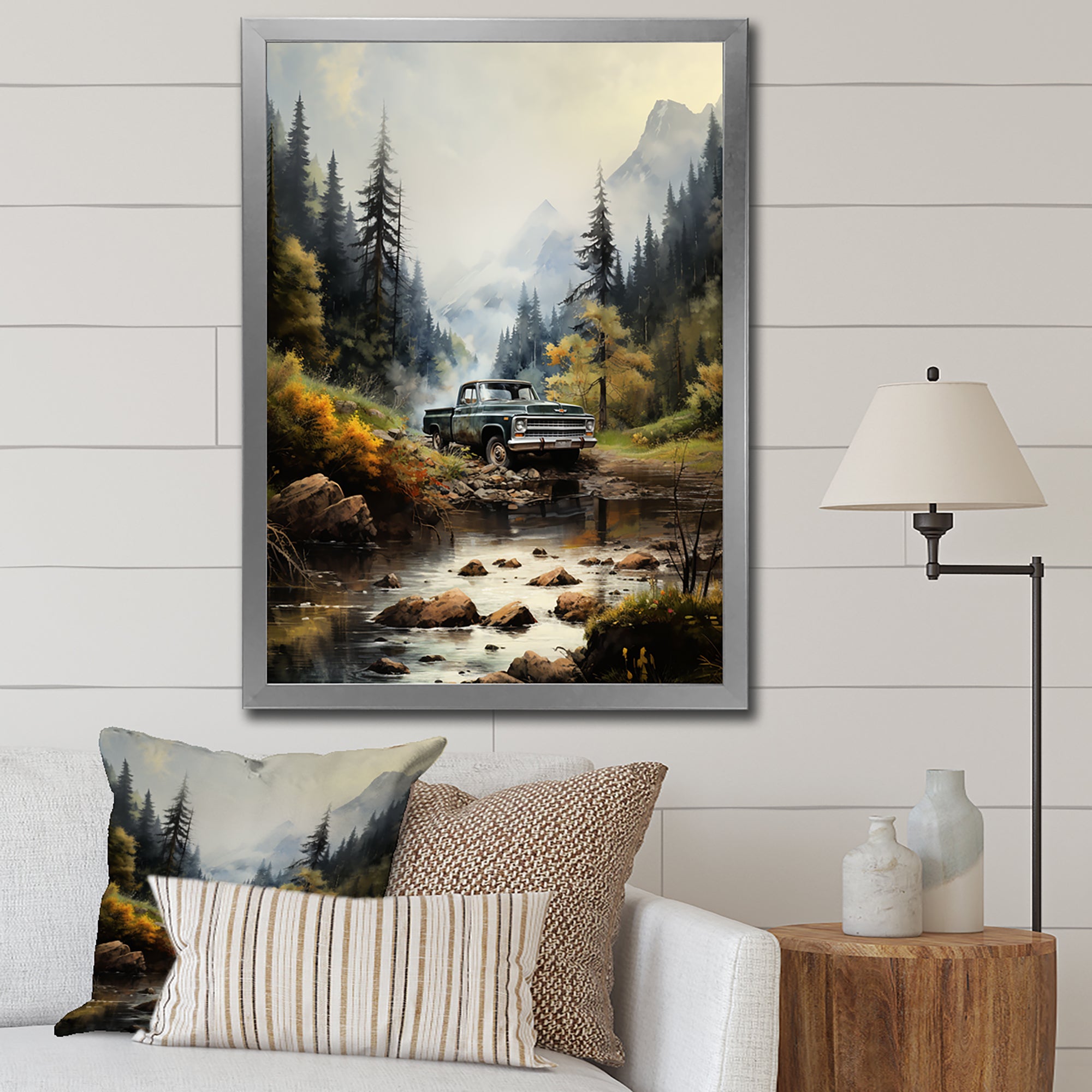 Green Pickup Truck Misty Mountains I - Pickup Truck Canvas Wall Art