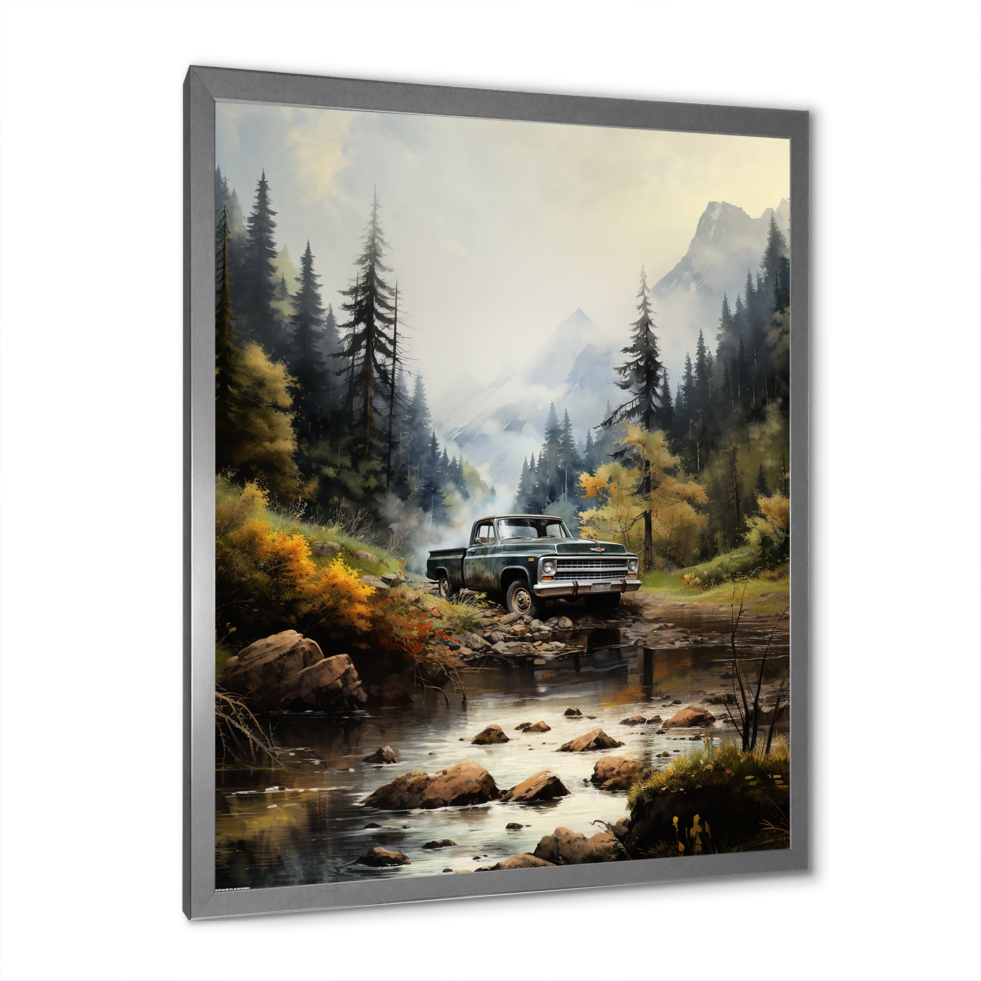 Green Pickup Truck Misty Mountains I - Pickup Truck Canvas Wall Art