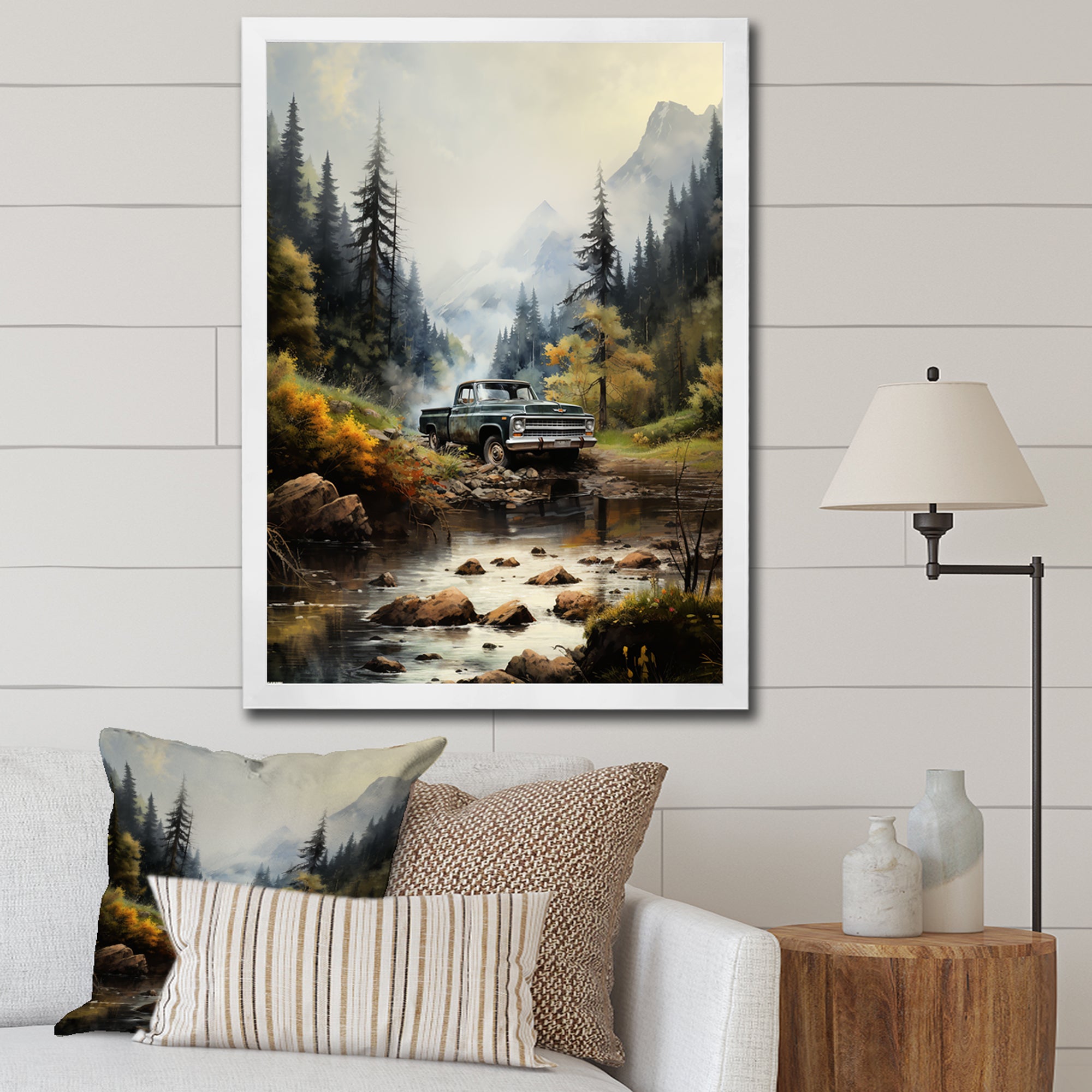 Green Pickup Truck Misty Mountains I - Pickup Truck Canvas Wall Art