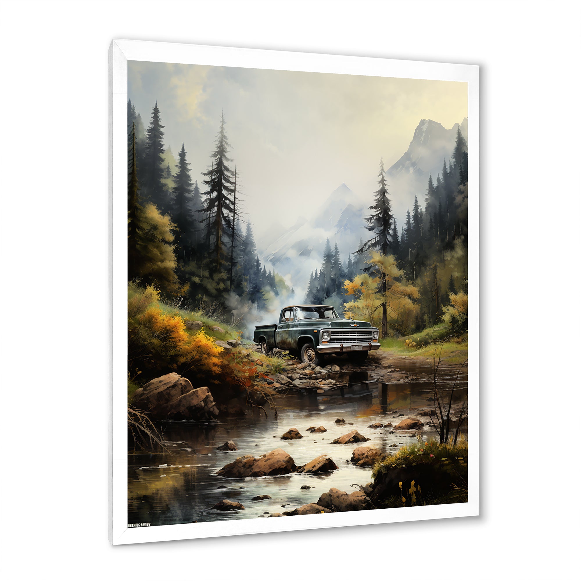 Green Pickup Truck Misty Mountains I - Pickup Truck Canvas Wall Art